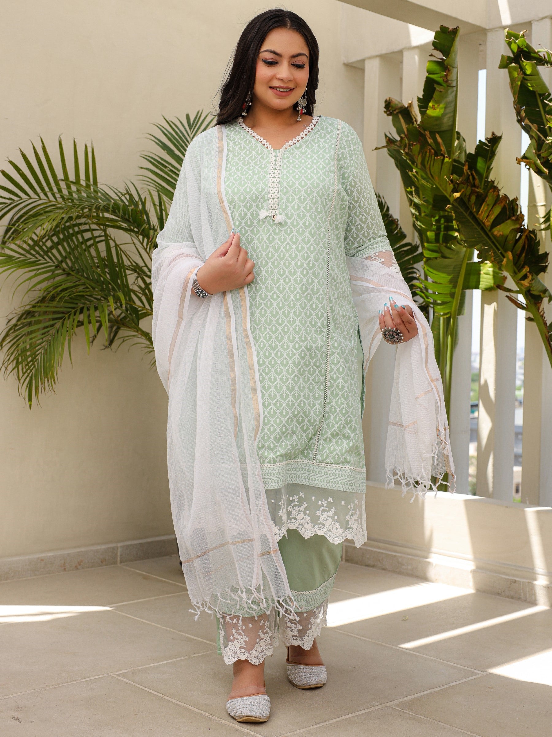 Juniper The Rooh Mint Ethnic Printed & Laced Pure Cotton Plus Size Kurta Palazzo & Dupatta Set With Lining & Kota Doria Dupatta