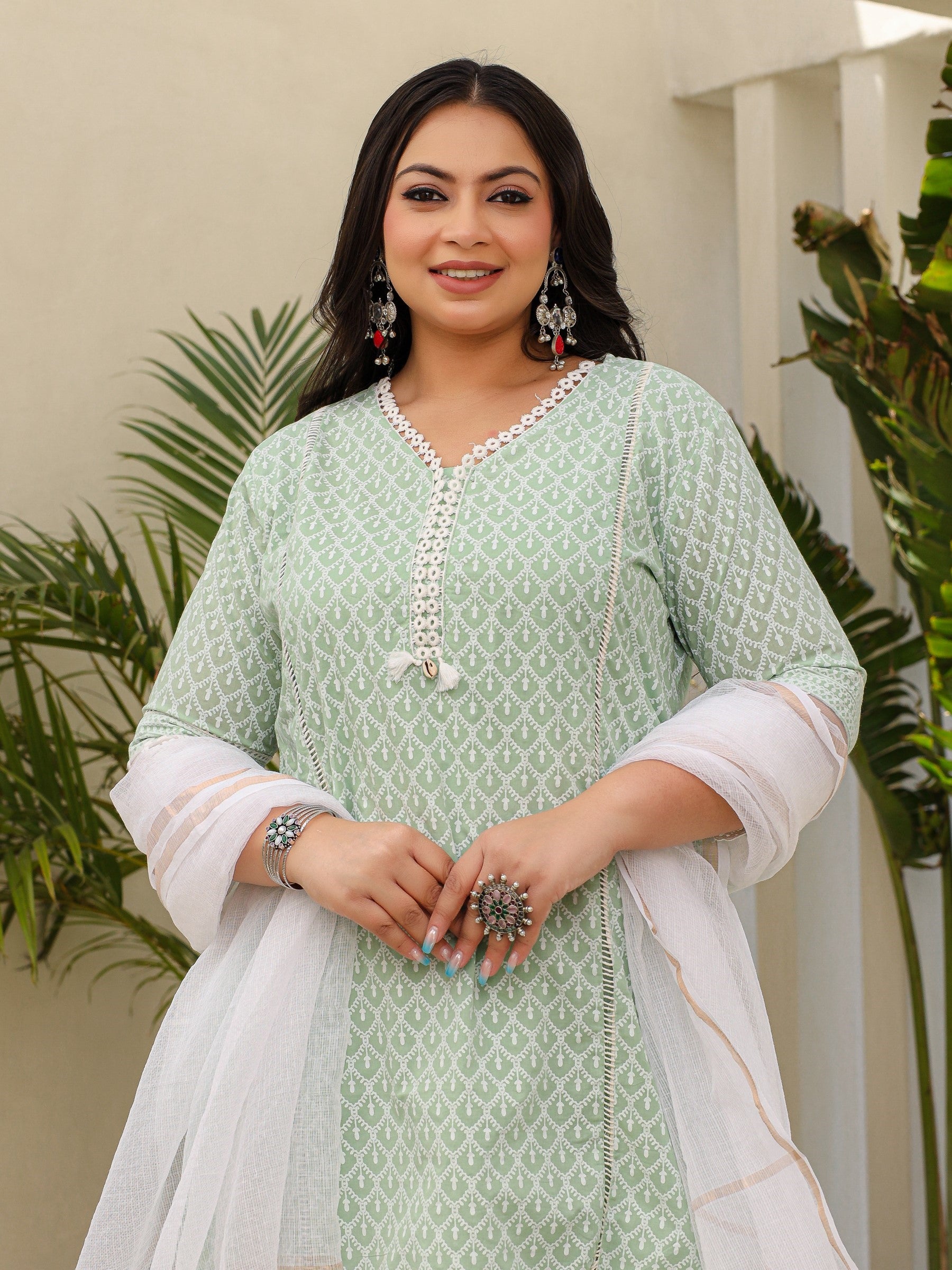 Juniper The Rooh Mint Ethnic Printed & Laced Pure Cotton Plus Size Kurta Palazzo & Dupatta Set With Lining & Kota Doria Dupatta