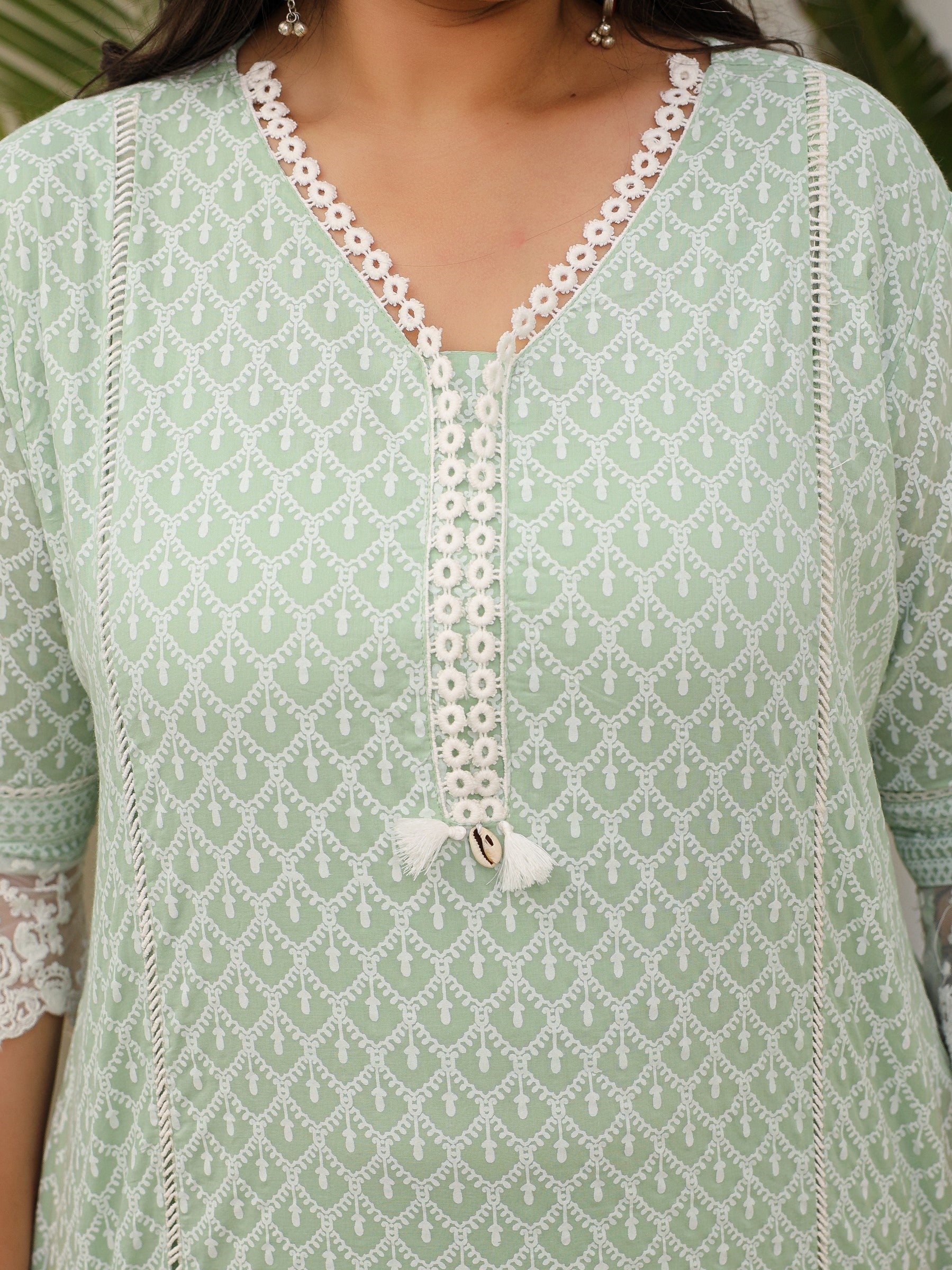 Juniper The Rooh Mint Ethnic Printed & Laced Pure Cotton Plus Size Kurta Palazzo & Dupatta Set With Lining & Kota Doria Dupatta