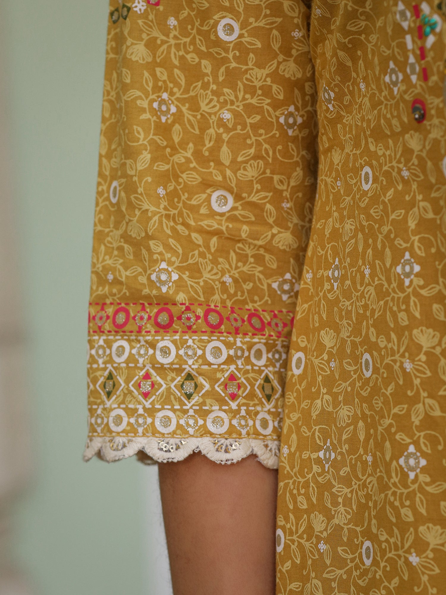 Mustard Cotton Cambric Printed Kurta, Pants & Dupatta Set