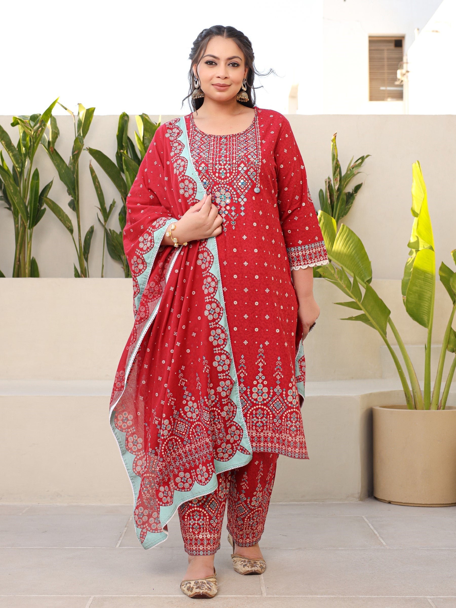 Juniper The Banjara Red Geometric Printed Pure Cotton Plus Size Kurta Pants & Dupatta Set With Beads Sequins & Coins
