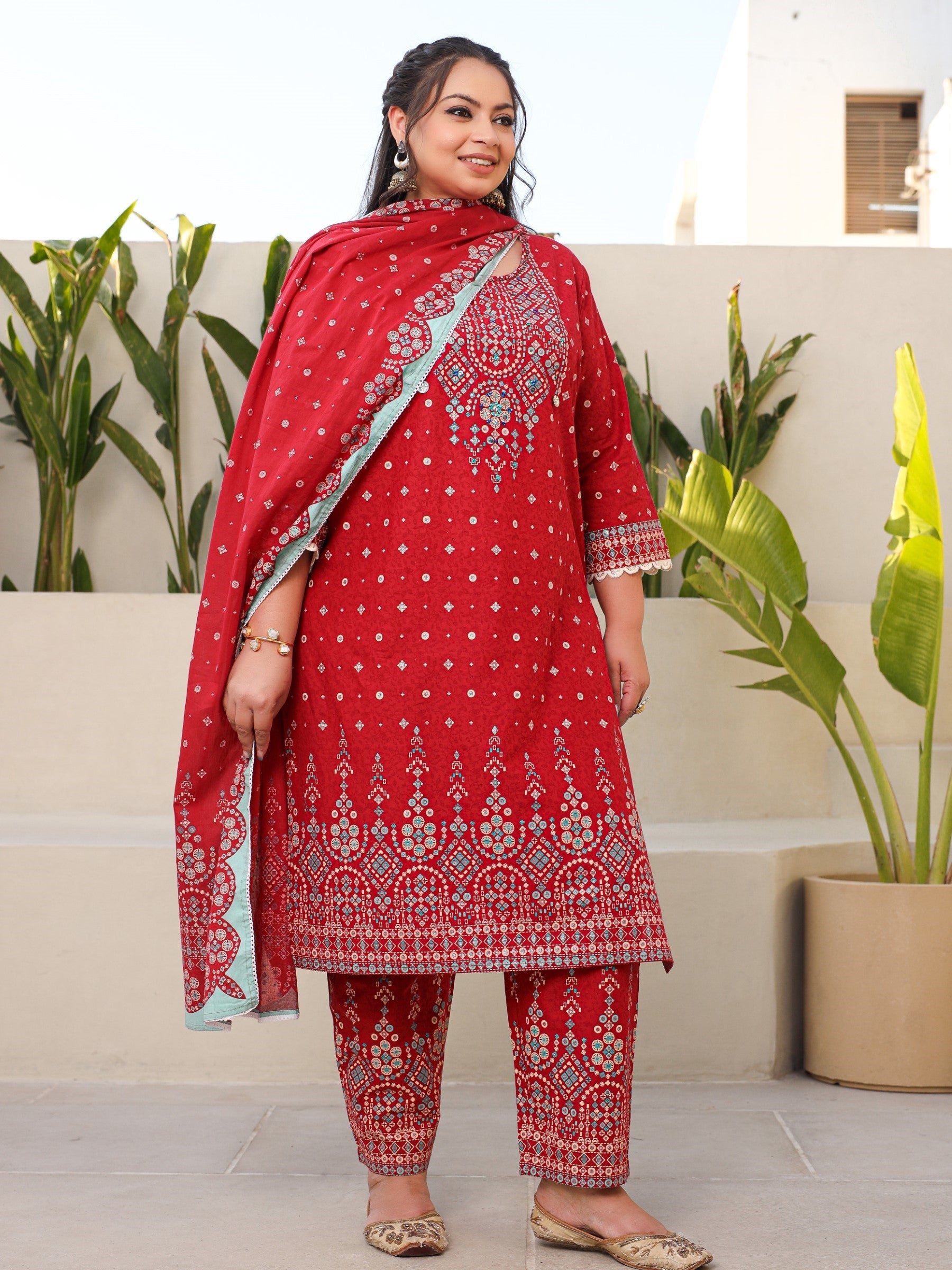 Juniper The Banjara Red Geometric Printed Pure Cotton Plus Size Kurta Pants & Dupatta Set With Beads Sequins & Coins