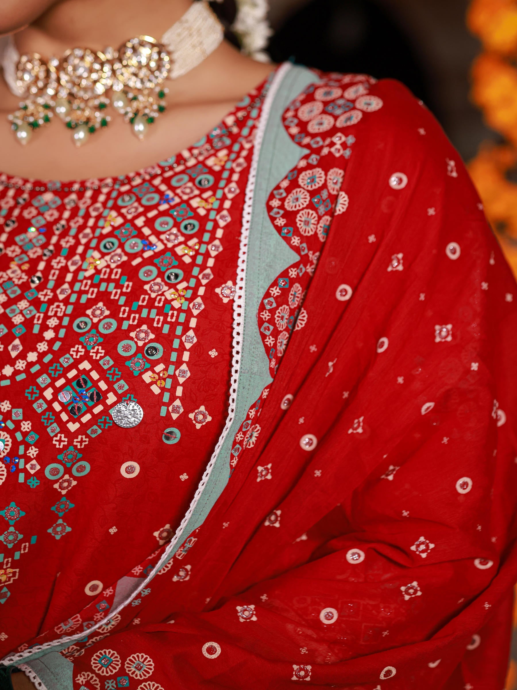 Juniper The Banjara Red Geometric Print Pure Cotton Kurta With Pant & Dupatta Set With Bead Sequin & Coins