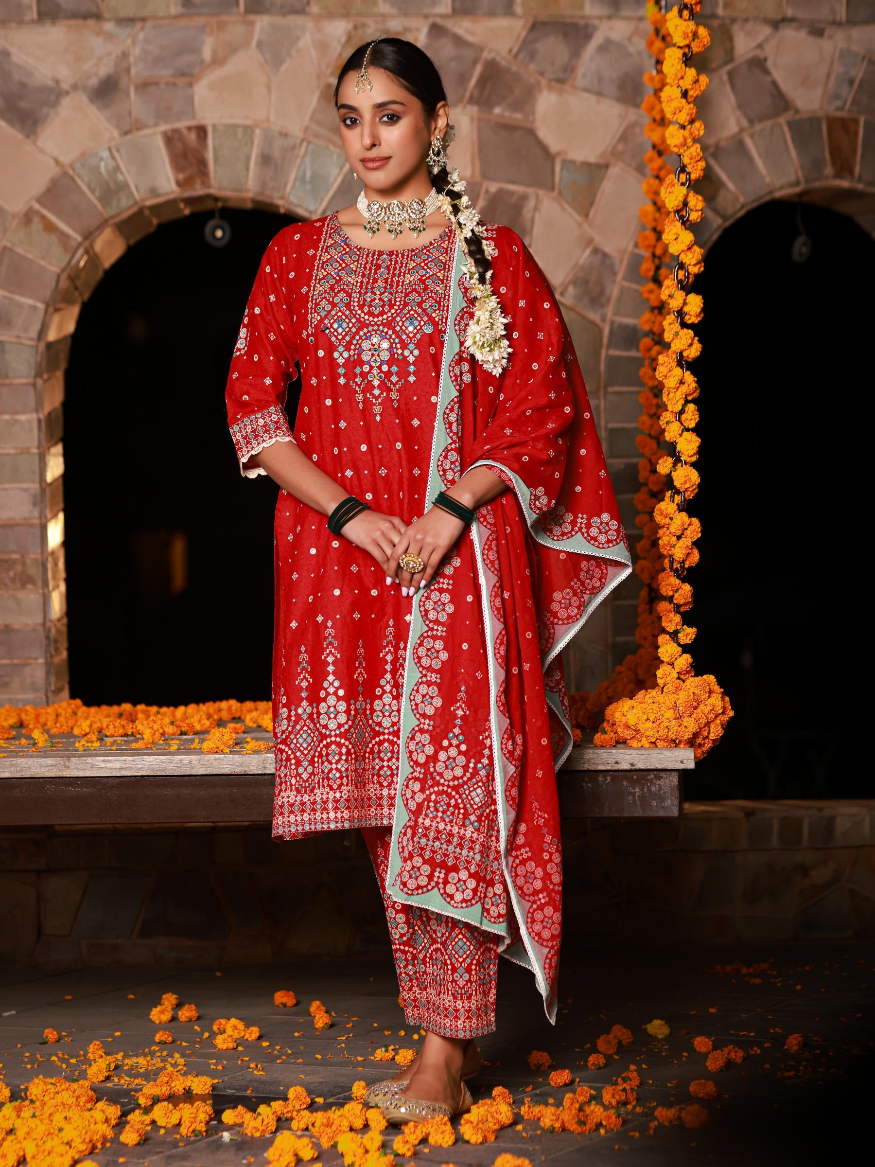 Juniper The Banjara Red Geometric Print Pure Cotton Kurta With Pant & Dupatta Set With Bead Sequin & Coins
