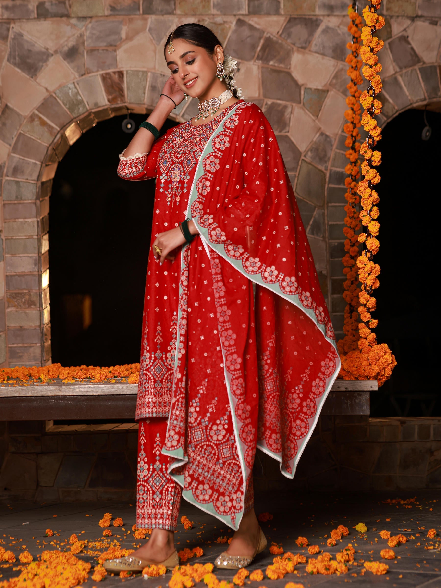 Juniper The Banjara Red Geometric Print Pure Cotton Kurta With Pant & Dupatta Set With Bead Sequin & Coins