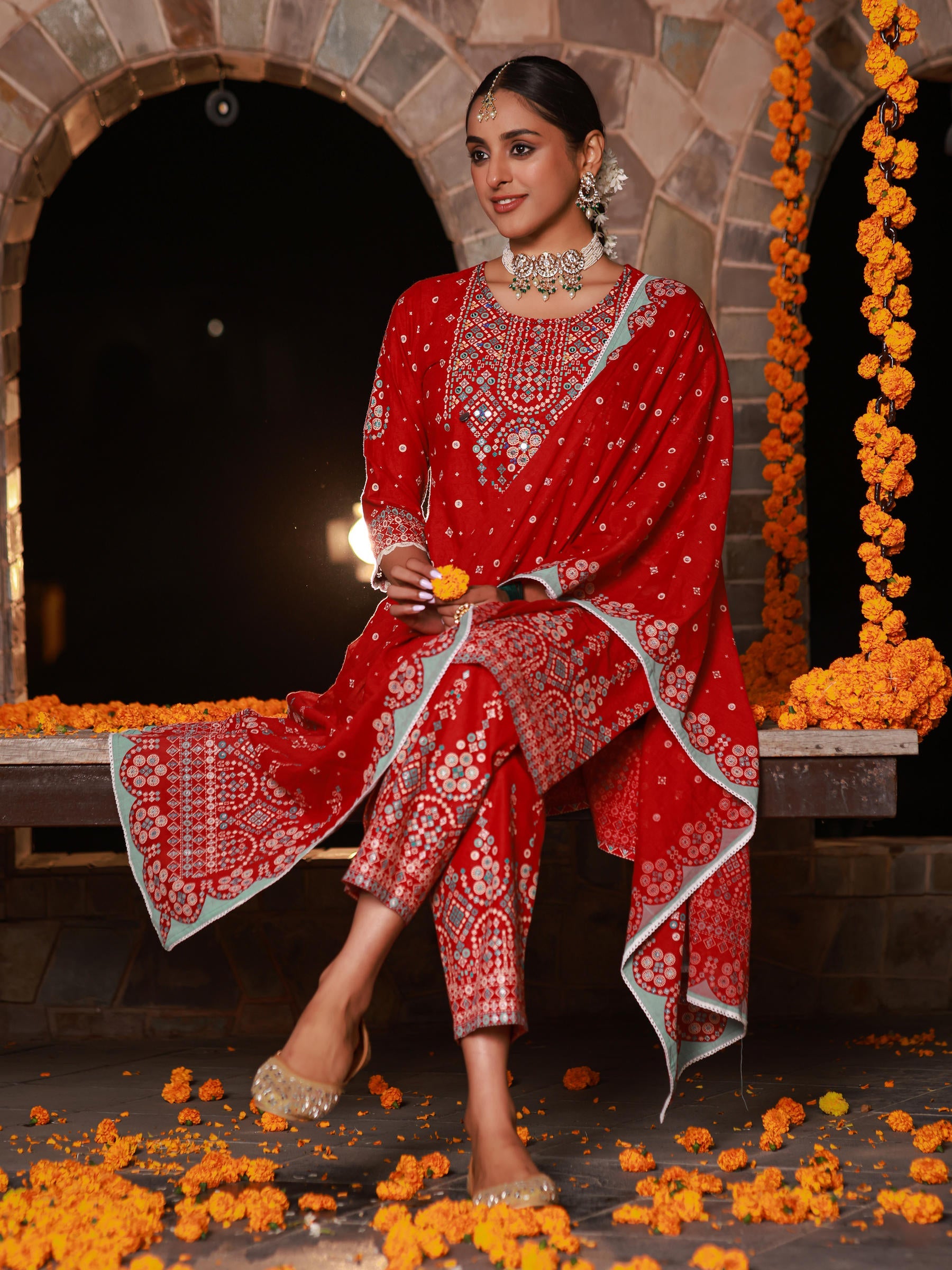 Juniper The Banjara Red Geometric Print Pure Cotton Kurta With Pant & Dupatta Set With Bead Sequin & Coins