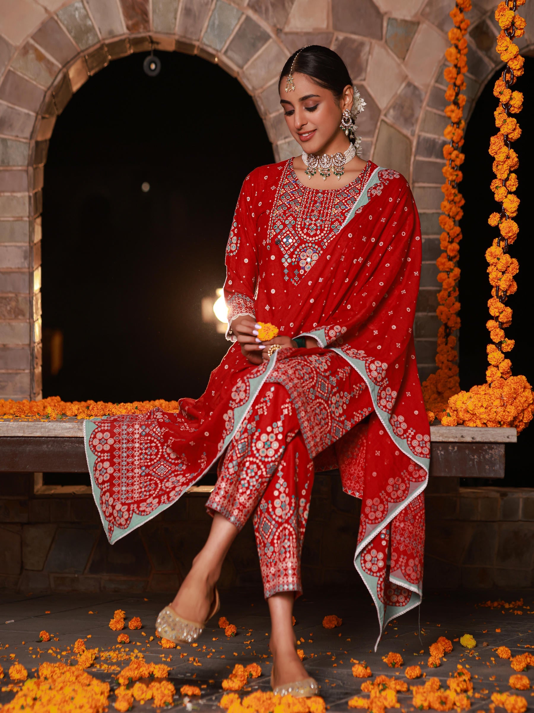 Juniper The Banjara Red Geometric Print Pure Cotton Kurta With Pant & Dupatta Set With Bead Sequin & Coins