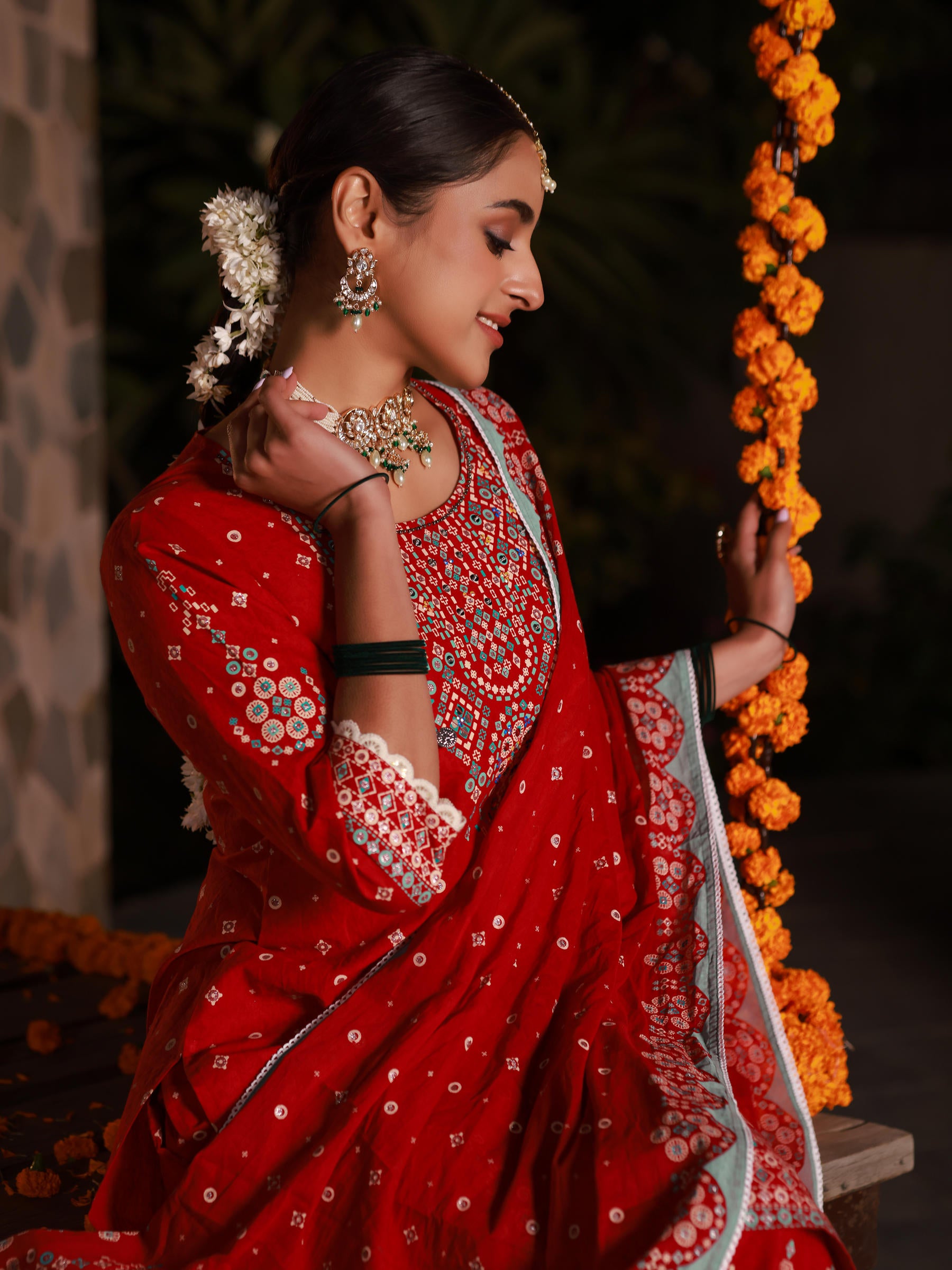 Juniper The Banjara Red Geometric Print Pure Cotton Kurta With Pant & Dupatta Set With Bead Sequin & Coins
