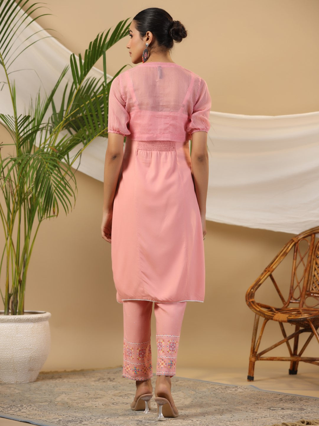 Juniper Peach Geometric Printed Rayon Kurta Pants & Jacket With Sequins Work