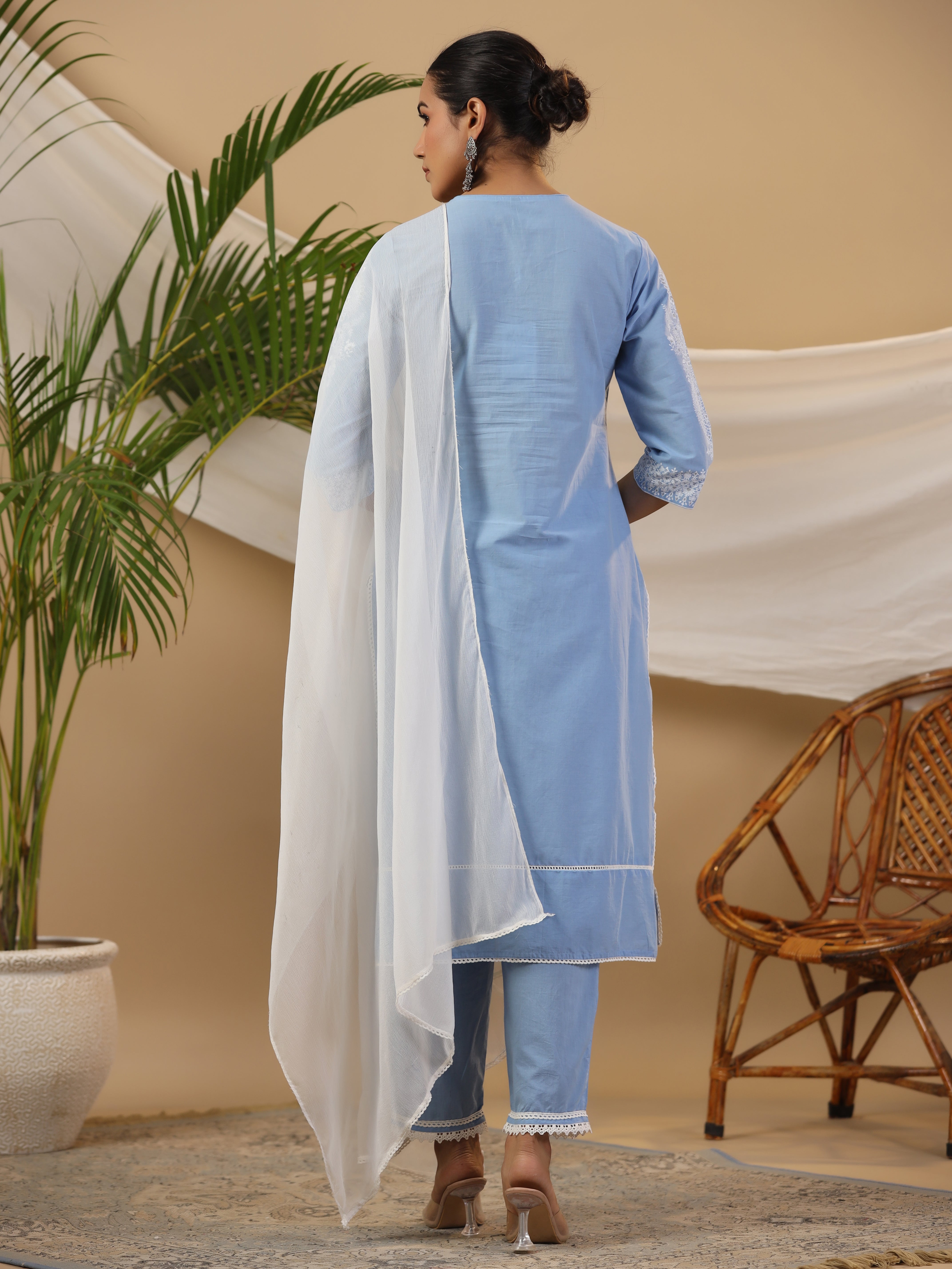 Juniper The Rooh Pure Cotton Blue Ethnic Motif Print Kurta With Pants & Dupatta Set With Bead & Sequin Work