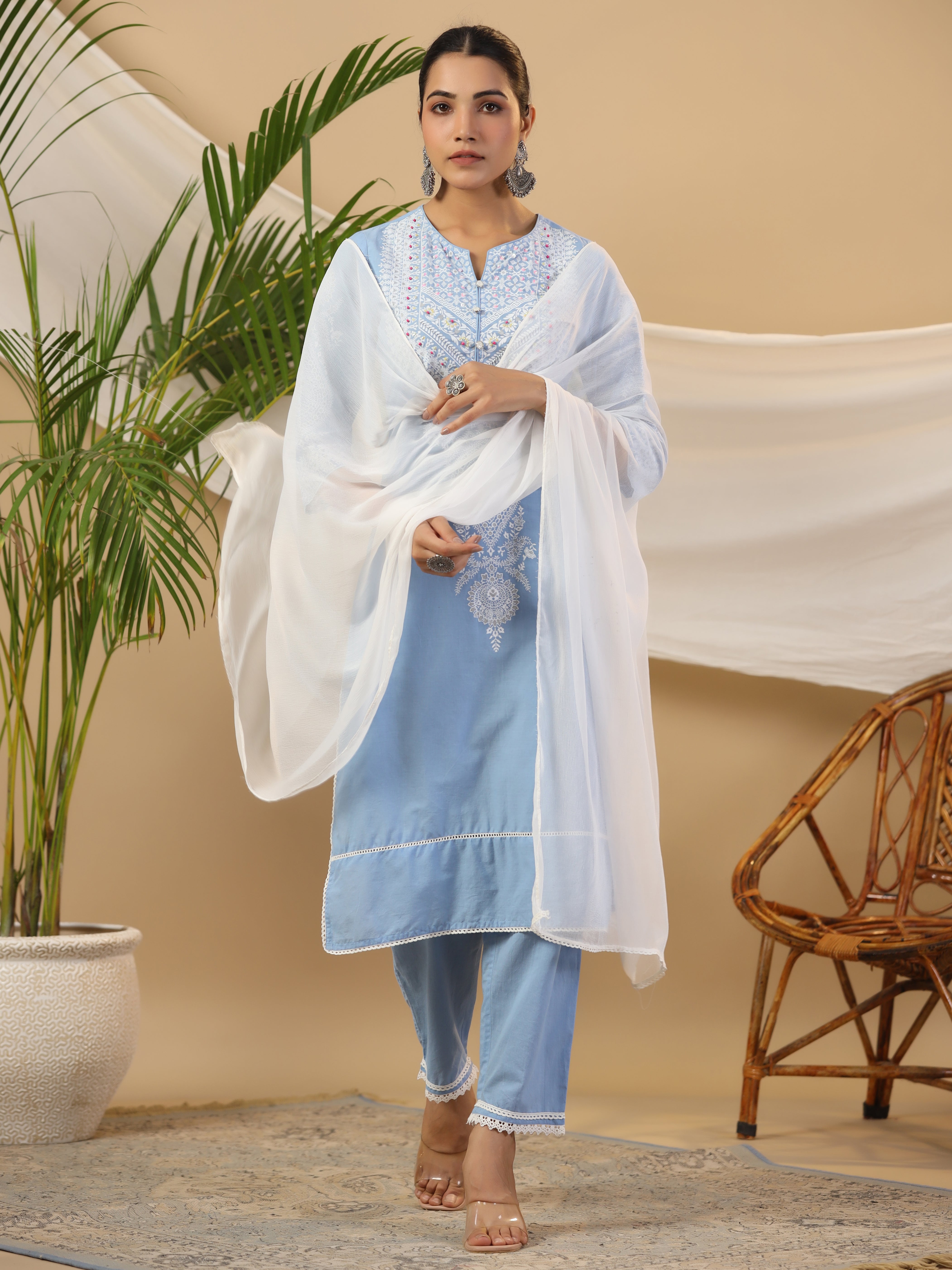 Juniper The Rooh Pure Cotton Blue Ethnic Motif Print Kurta With Pants & Dupatta Set With Bead & Sequin Work
