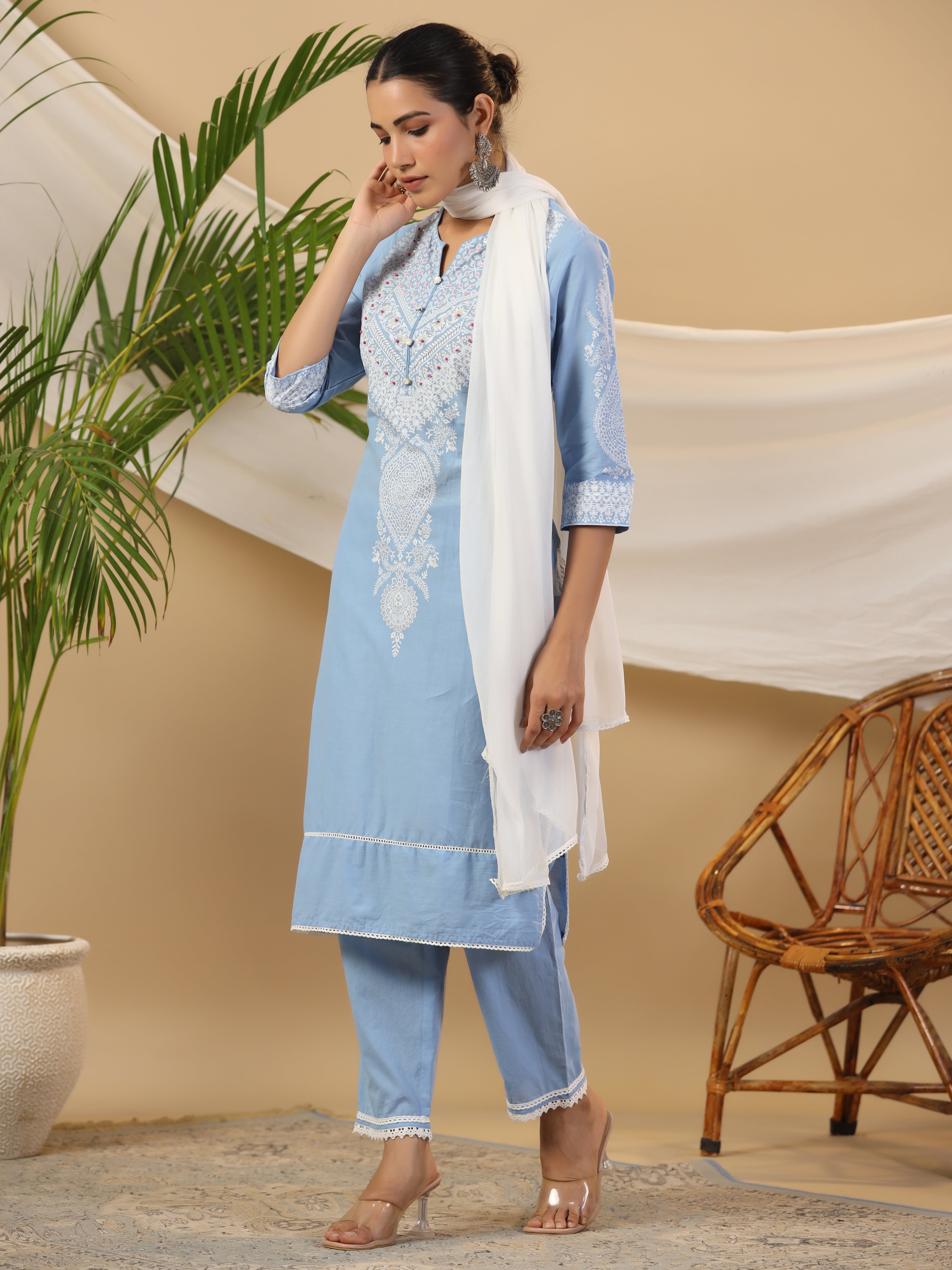 Juniper The Rooh Pure Cotton Blue Ethnic Motif Print Kurta With Pants & Dupatta Set With Bead & Sequin Work