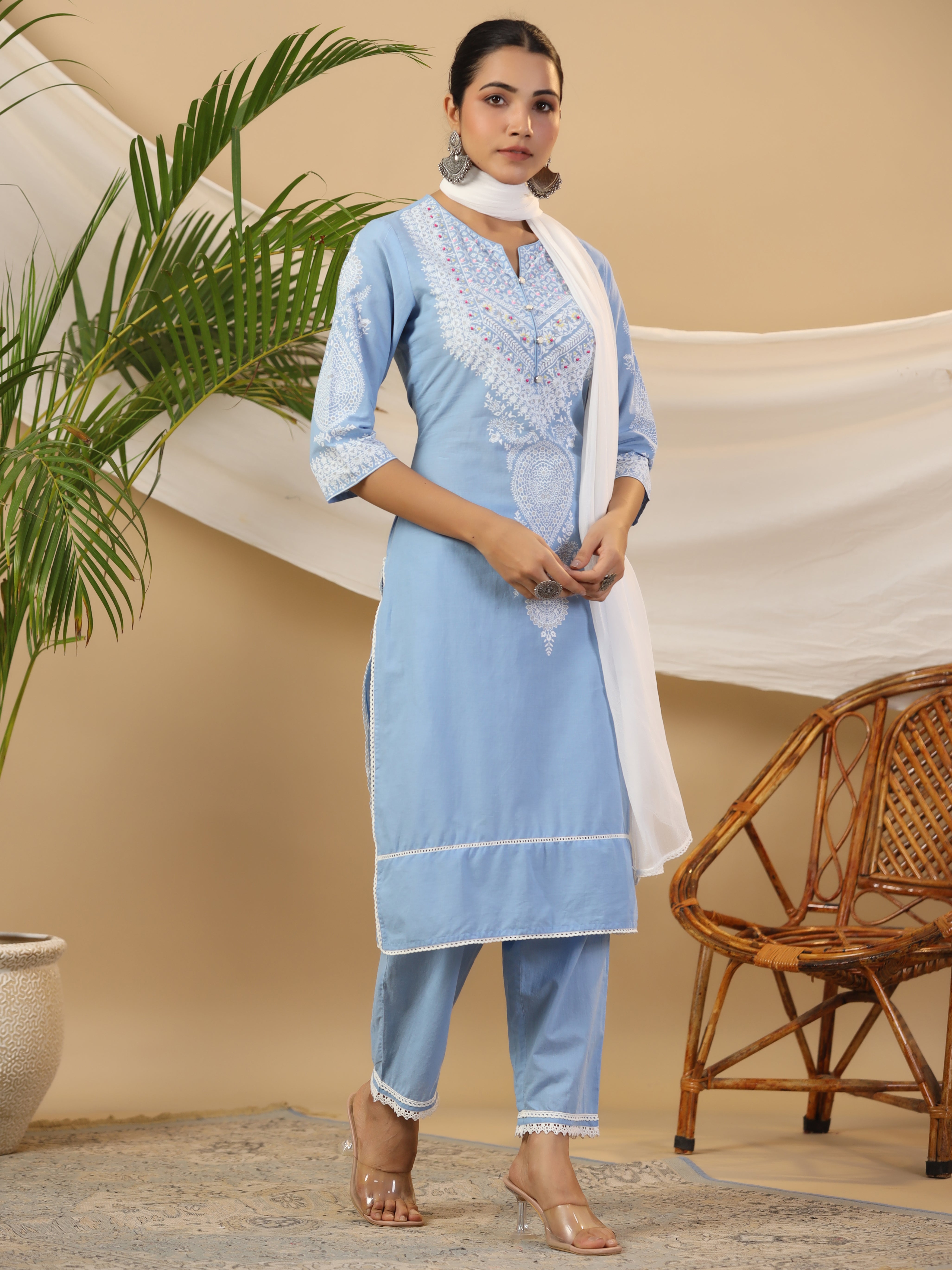 Juniper The Rooh Pure Cotton Blue Ethnic Motif Print Kurta With Pants & Dupatta Set With Bead & Sequin Work