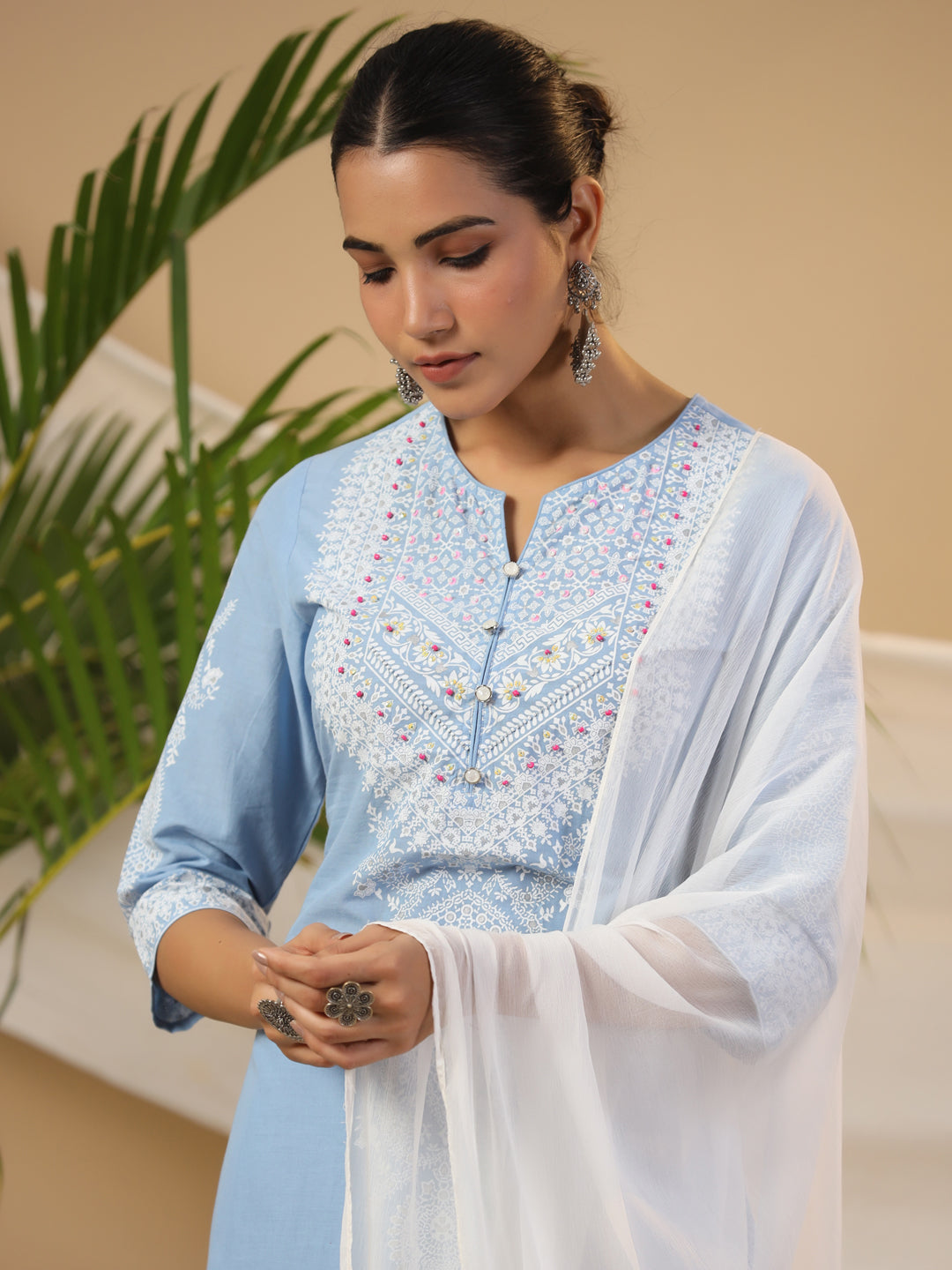 Juniper The Rooh Pure Cotton Blue Ethnic Motif Print Kurta With Pants & Dupatta Set With Bead & Sequin Work