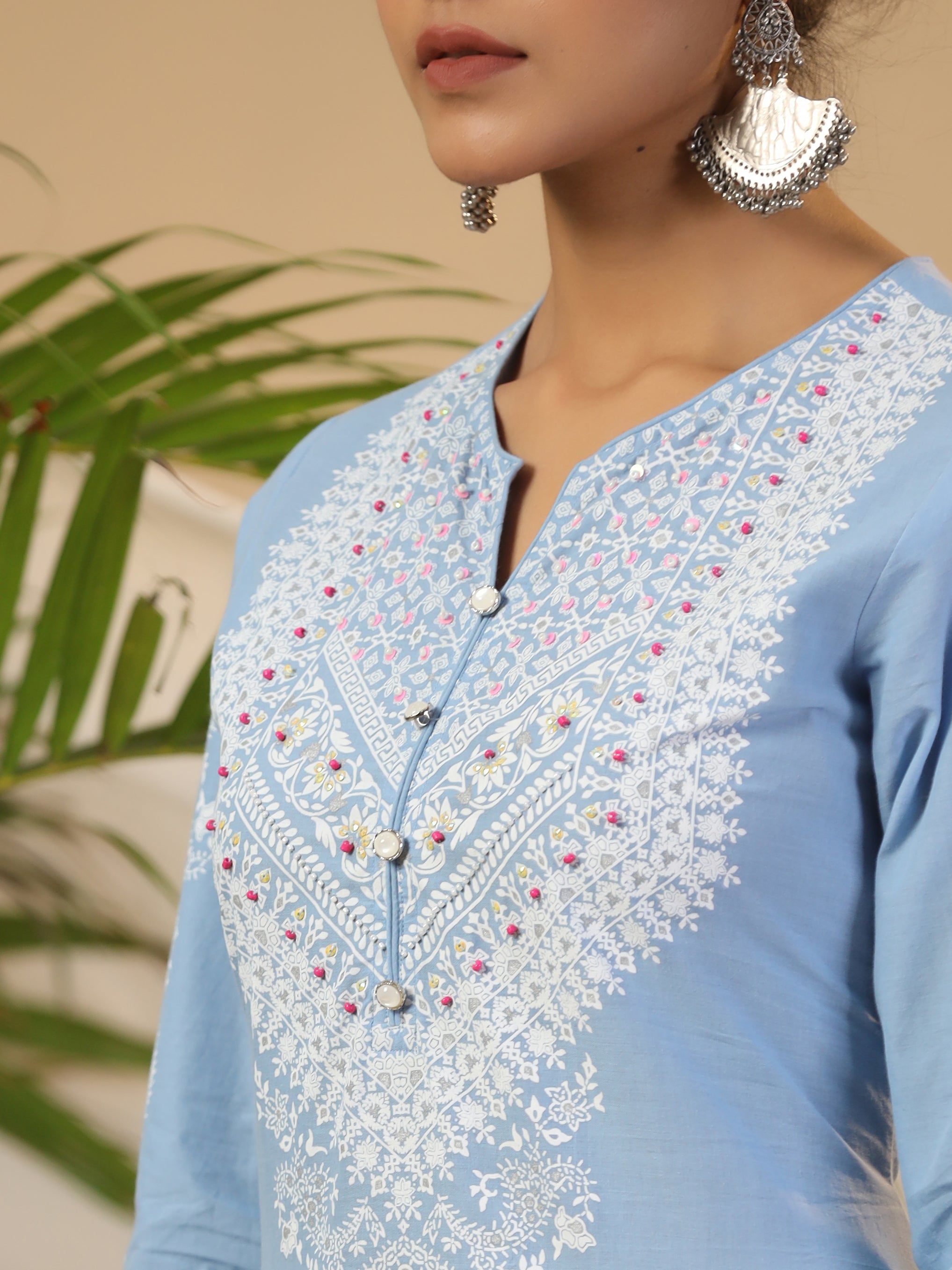 Juniper The Rooh Pure Cotton Blue Ethnic Motif Print Kurta With Pants & Dupatta Set With Bead & Sequin Work