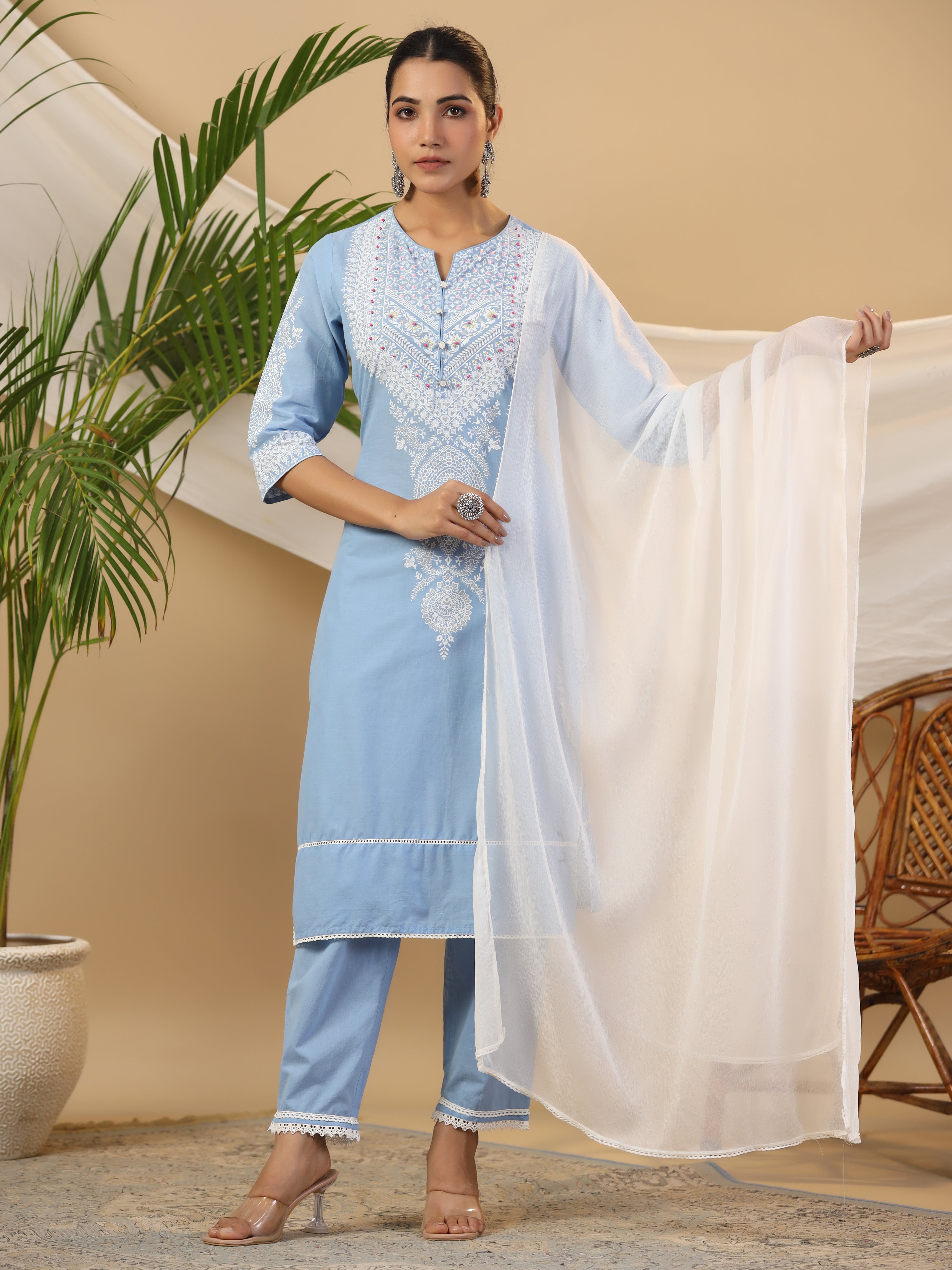 Juniper The Rooh Pure Cotton Blue Ethnic Motif Print Kurta With Pants & Dupatta Set With Bead & Sequin Work