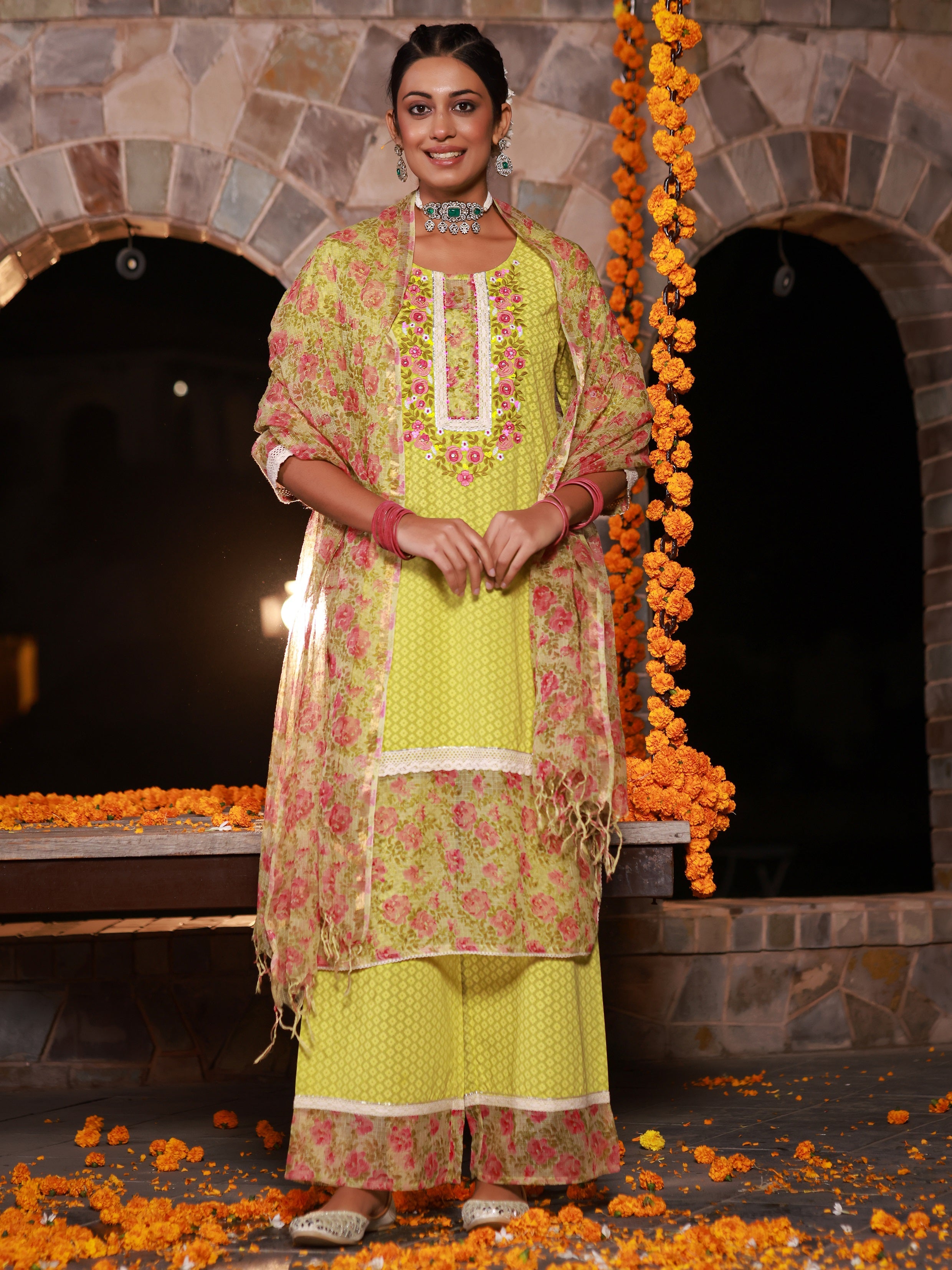 Juniper The Madhubala Green Floral Print & Lacy Pure Cotton Kurta&Palazzo Set With Kota Doria Print Dupatta