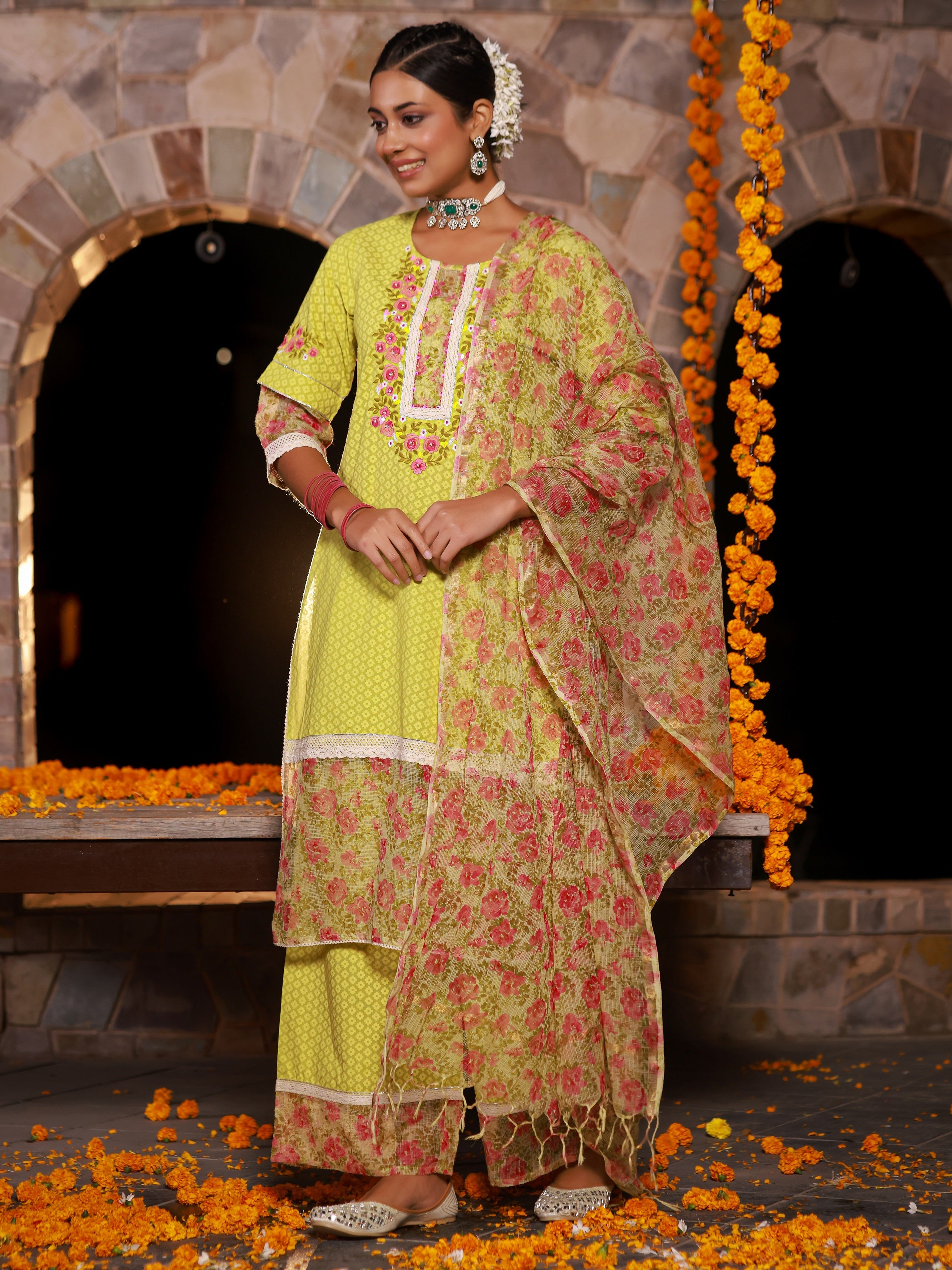 Juniper The Madhubala Green Floral Print & Lacy Pure Cotton Kurta&Palazzo Set With Kota Doria Print Dupatta