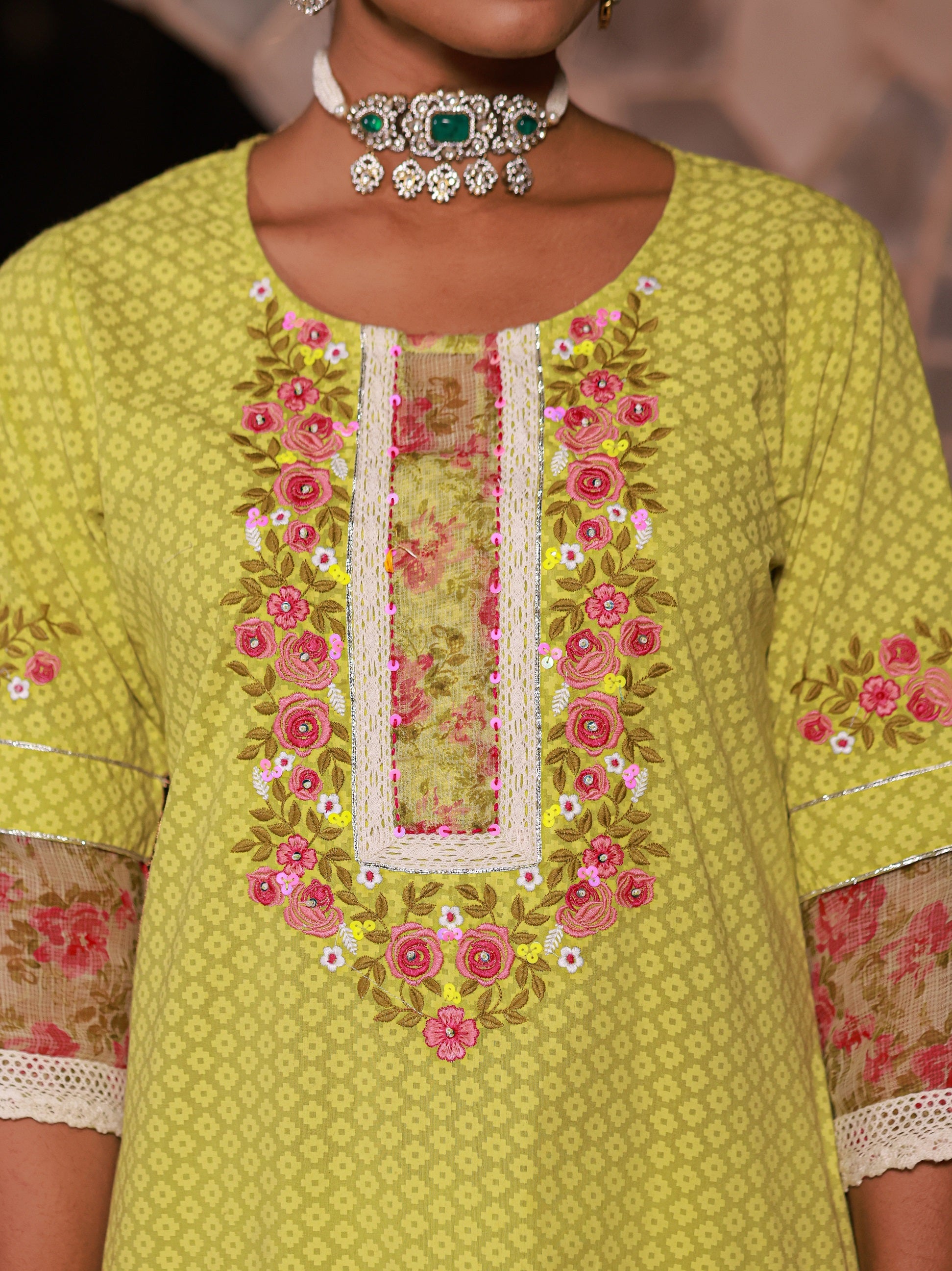 Juniper The Madhubala Green Floral Print & Lacy Pure Cotton Kurta&Palazzo Set With Kota Doria Print Dupatta