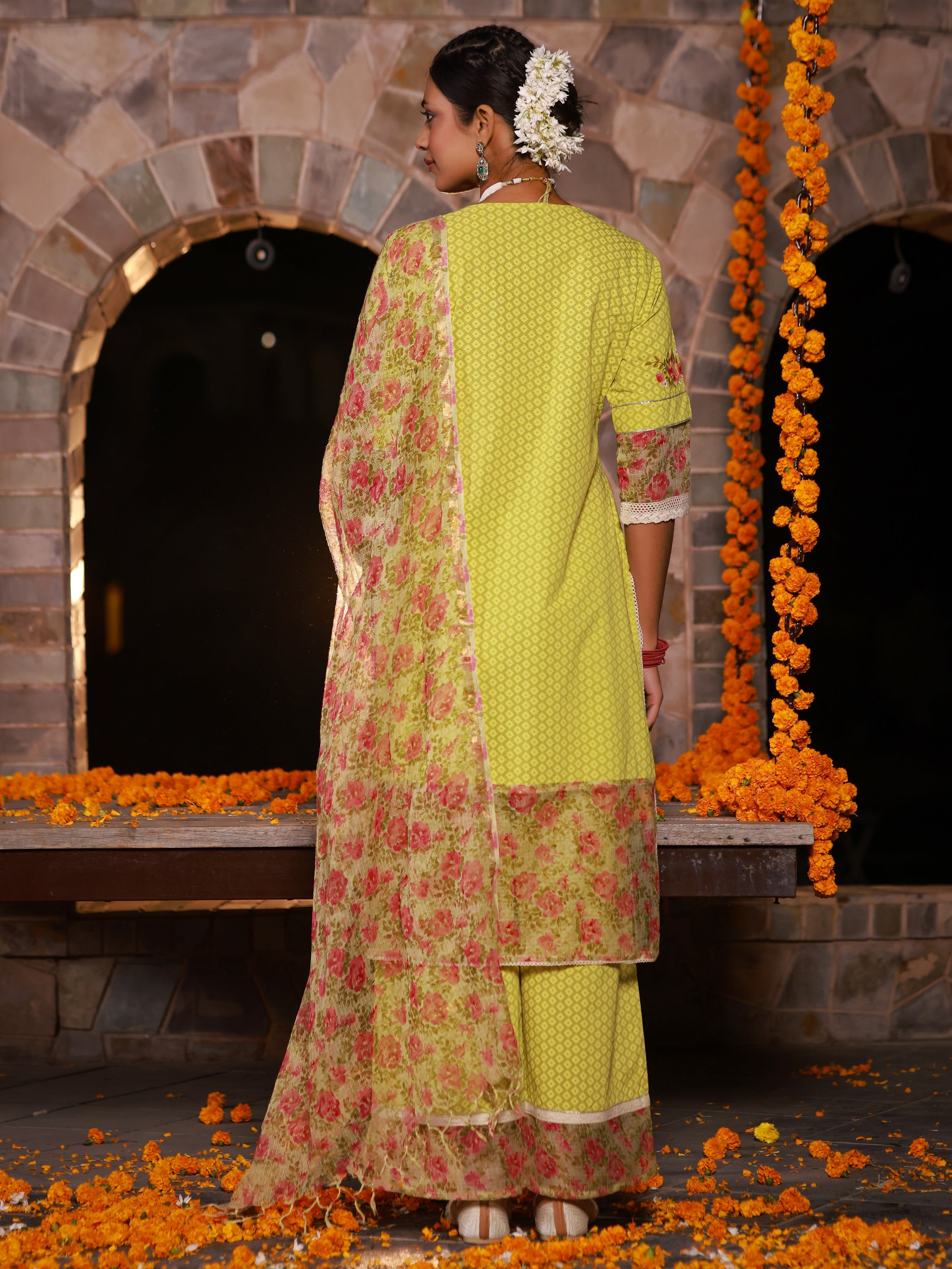 Juniper The Madhubala Green Floral Print & Lacy Pure Cotton Kurta&Palazzo Set With Kota Doria Print Dupatta