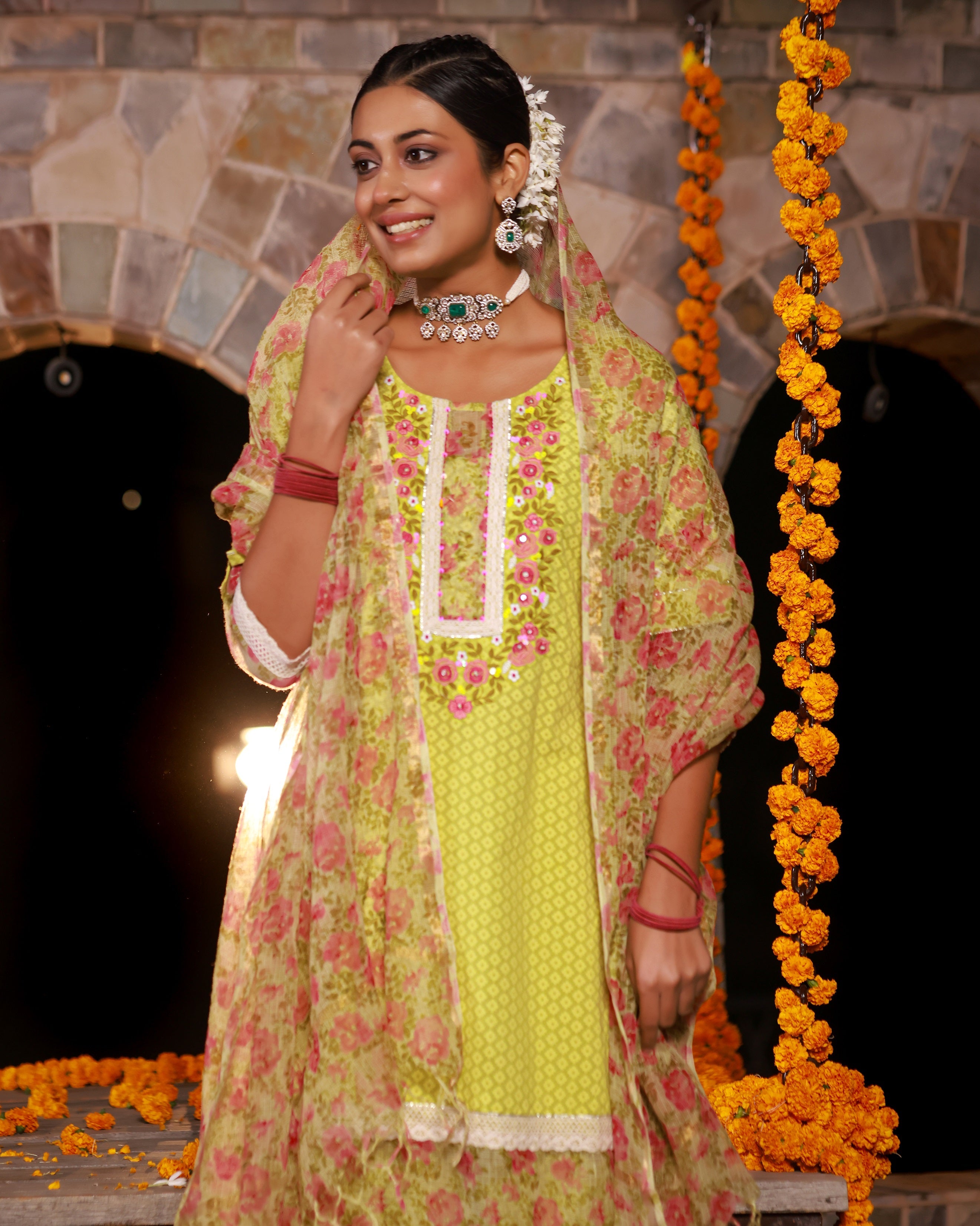 Juniper The Madhubala Green Floral Print & Lacy Pure Cotton Kurta&Palazzo Set With Kota Doria Print Dupatta