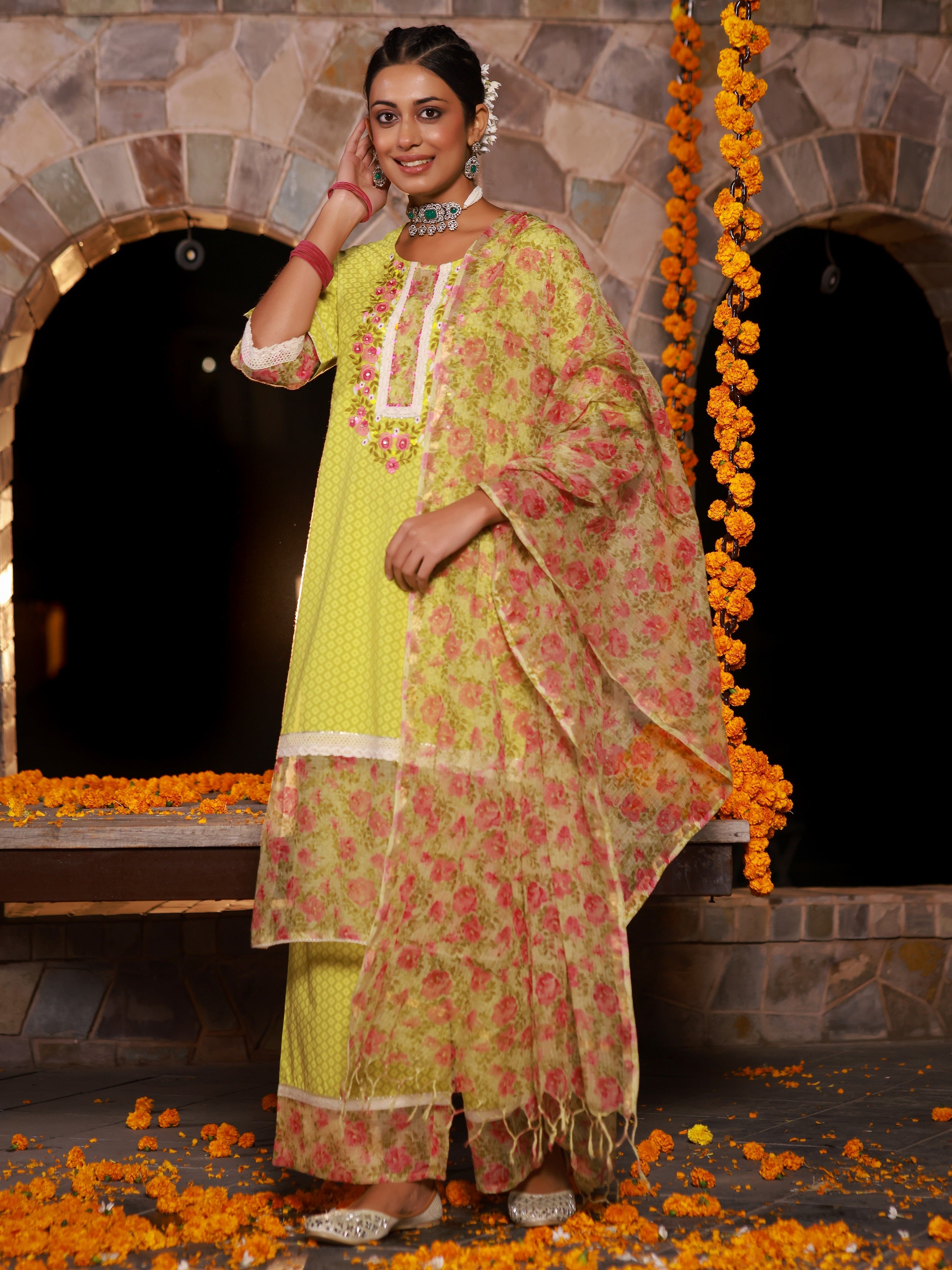 Juniper The Madhubala Green Floral Print & Lacy Pure Cotton Kurta&Palazzo Set With Kota Doria Print Dupatta