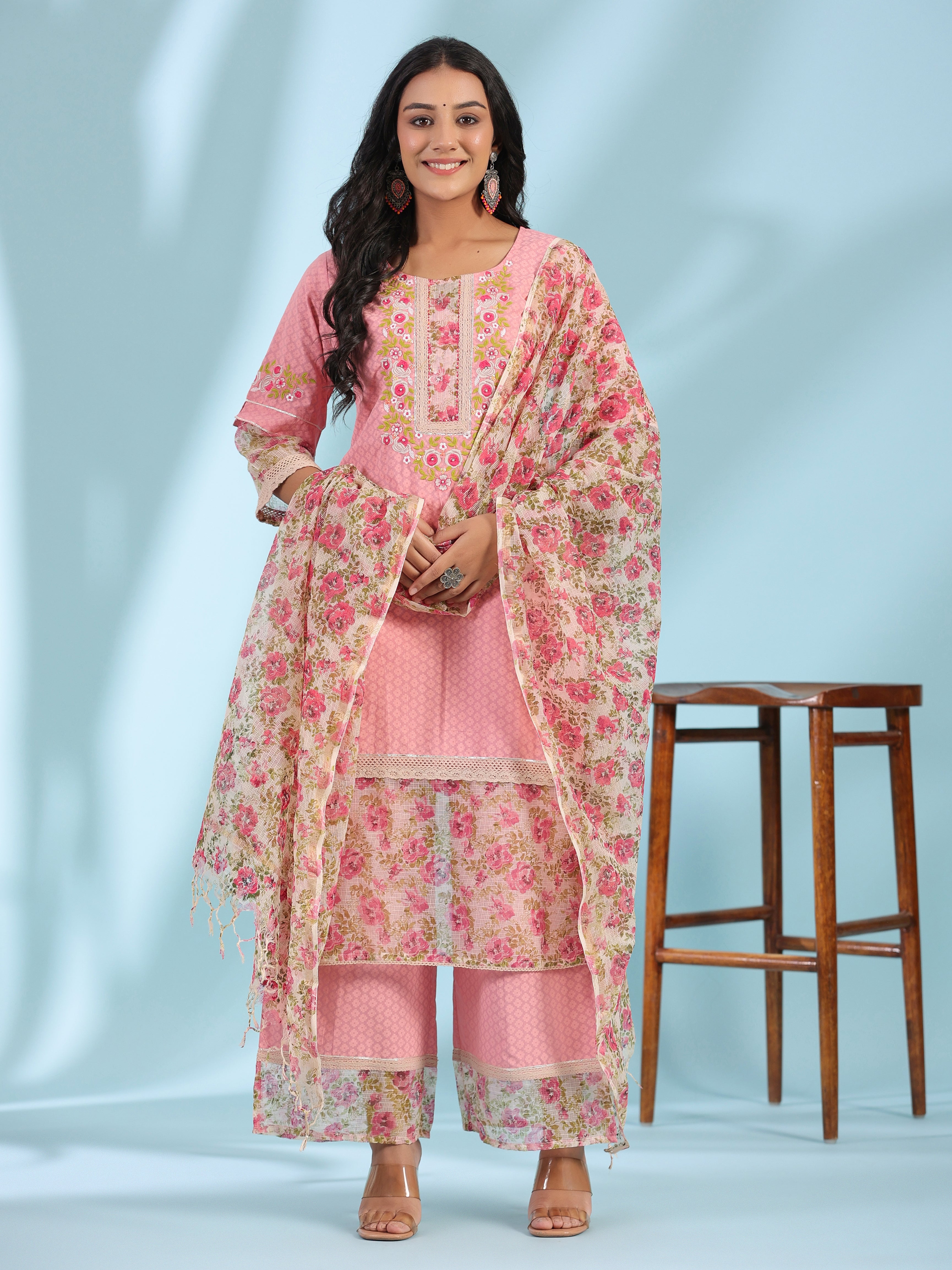 Juniper Pink Floral Printed & Laced Pure Cotton Kurta Palazzo Set With Printed Kota Doria Dupatta (3-Pcs)