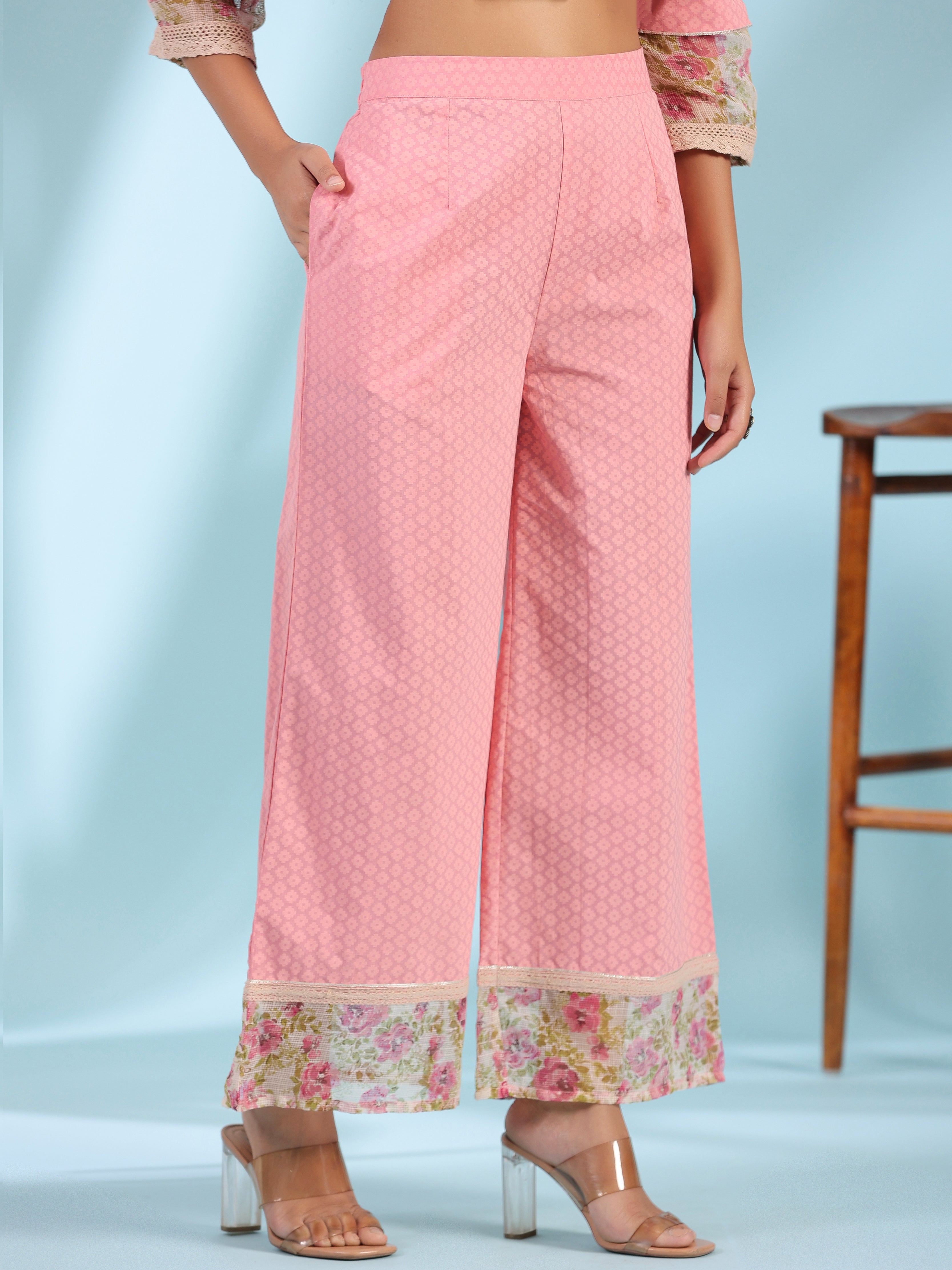 Juniper Pink Floral Printed & Laced Pure Cotton Kurta Palazzo Set With Printed Kota Doria Dupatta (3-Pcs)