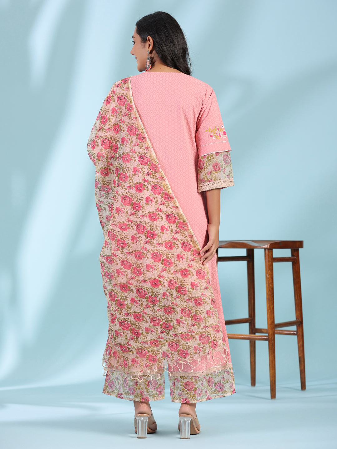 Juniper Pink Floral Printed & Laced Pure Cotton Kurta Palazzo Set With Printed Kota Doria Dupatta (3-Pcs)