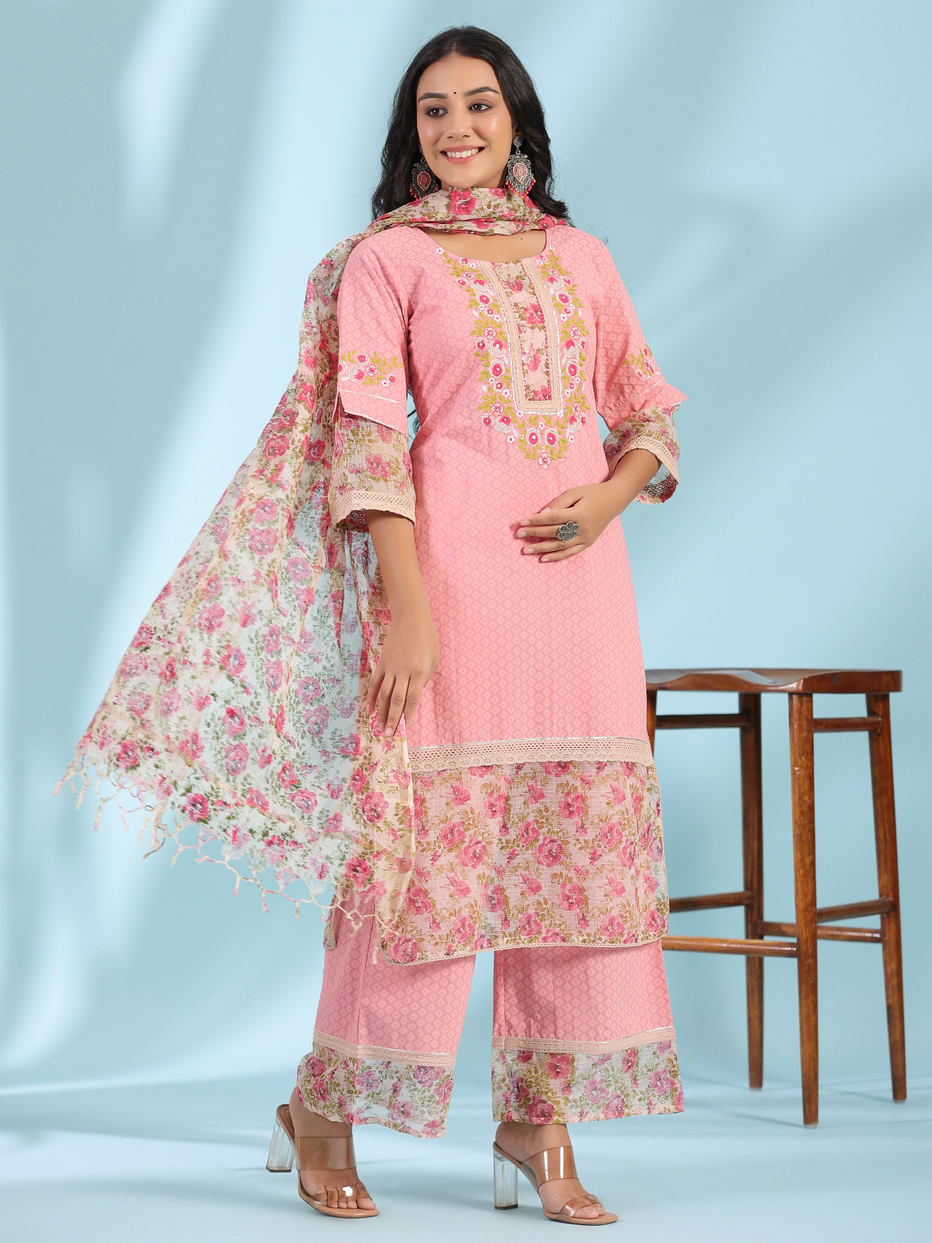 Juniper Pink Floral Printed & Laced Pure Cotton Kurta Palazzo Set With Printed Kota Doria Dupatta (3-Pcs)
