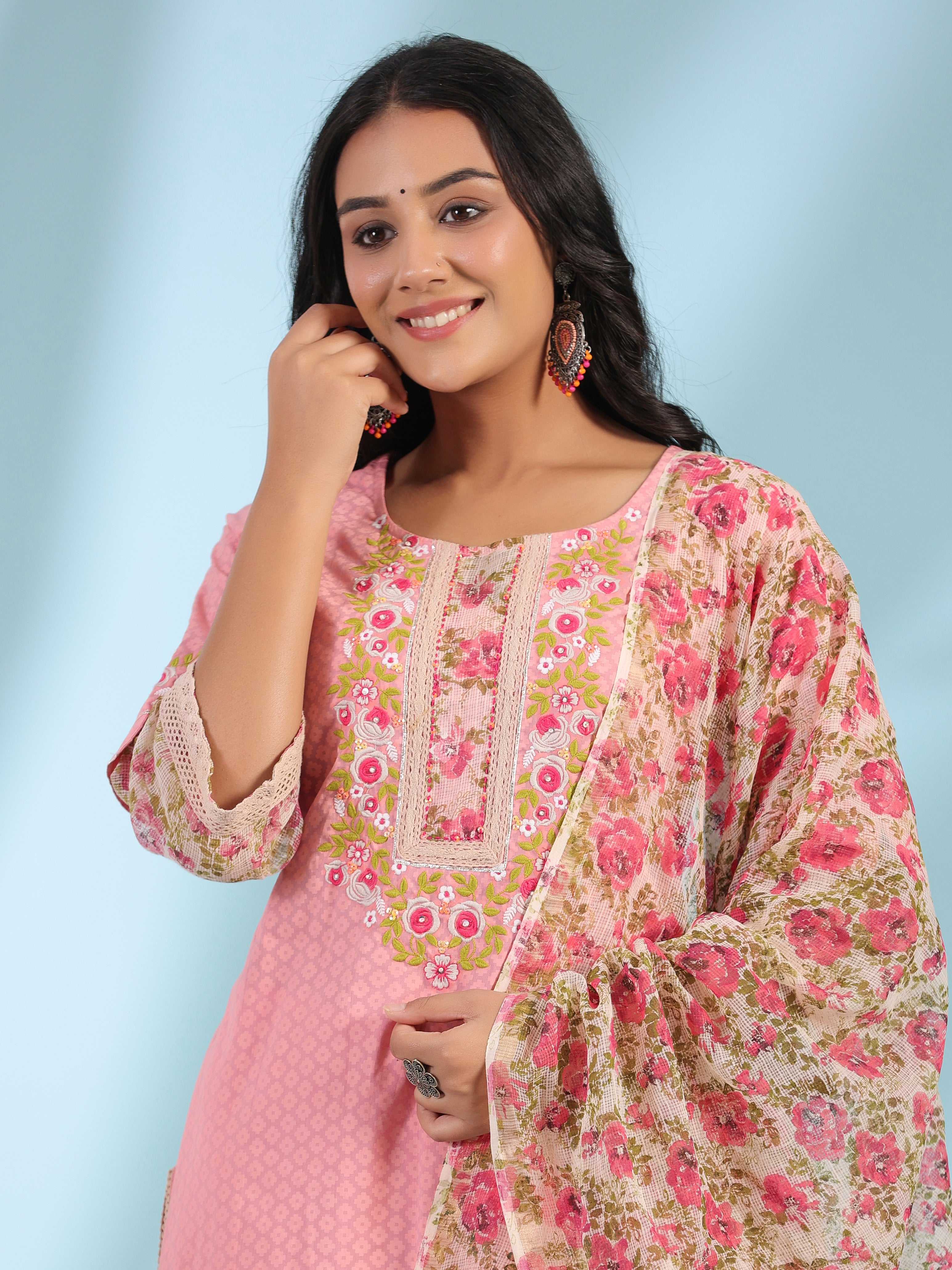 Juniper Pink Floral Printed & Laced Pure Cotton Kurta Palazzo Set With Printed Kota Doria Dupatta (3-Pcs)