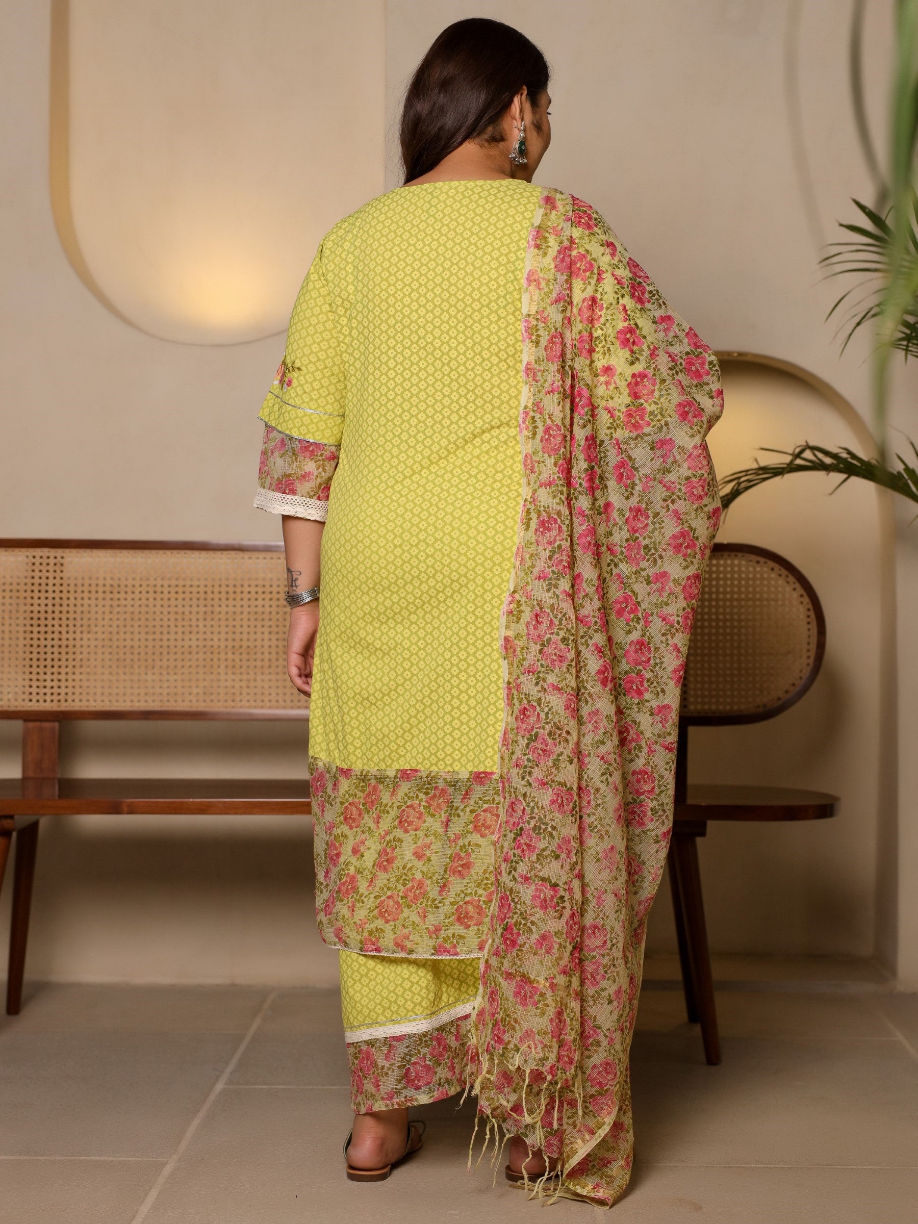 Juniper The Madhuabala Lime Green Floral Printed & Laced Pure Cotton Plus Size Kurta Palazzo & Dupatta Set With Printed Kota Doria Dupatta