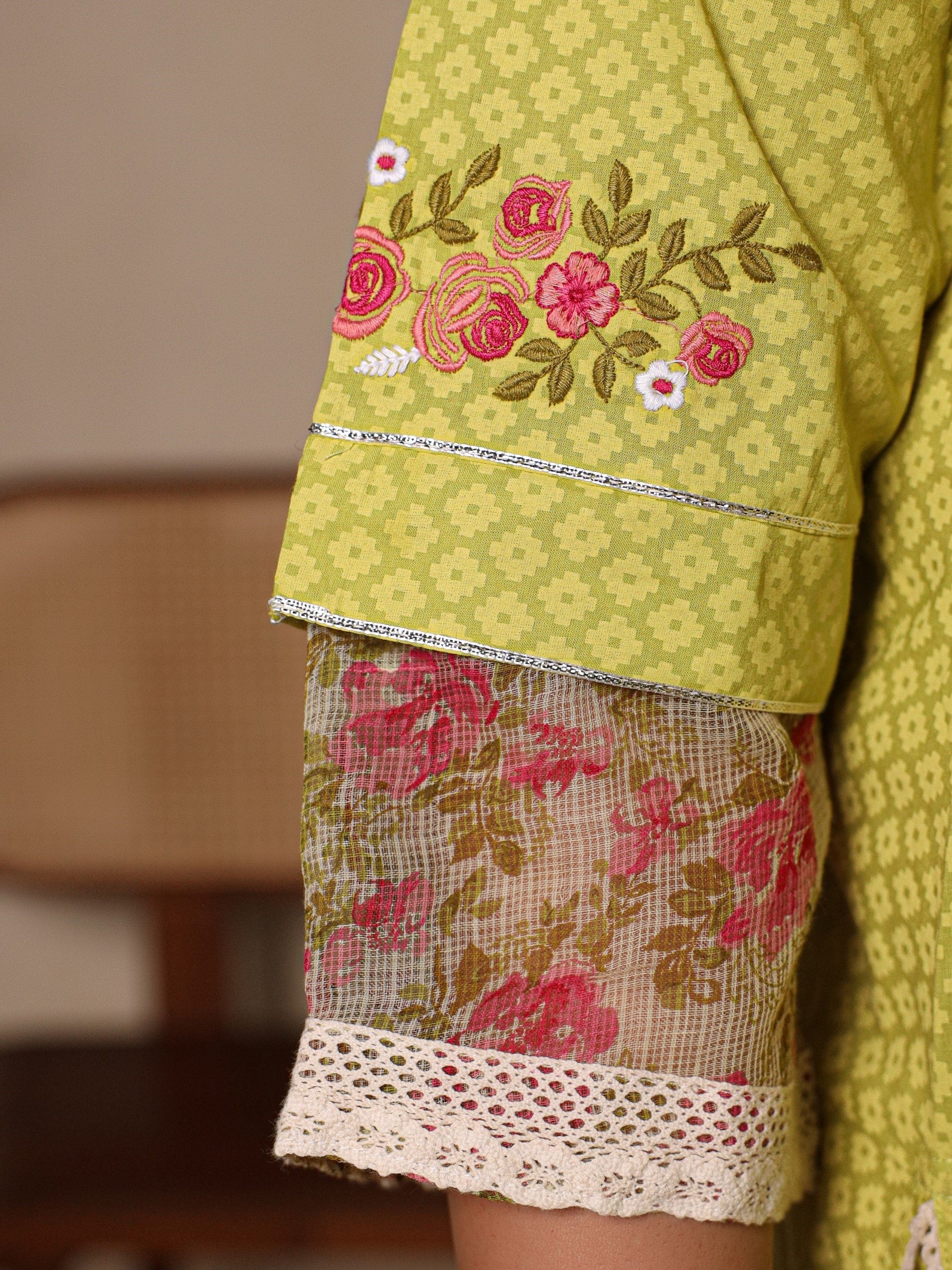 Juniper The Madhuabala Lime Green Floral Printed & Laced Pure Cotton Plus Size Kurta Palazzo & Dupatta Set With Printed Kota Doria Dupatta