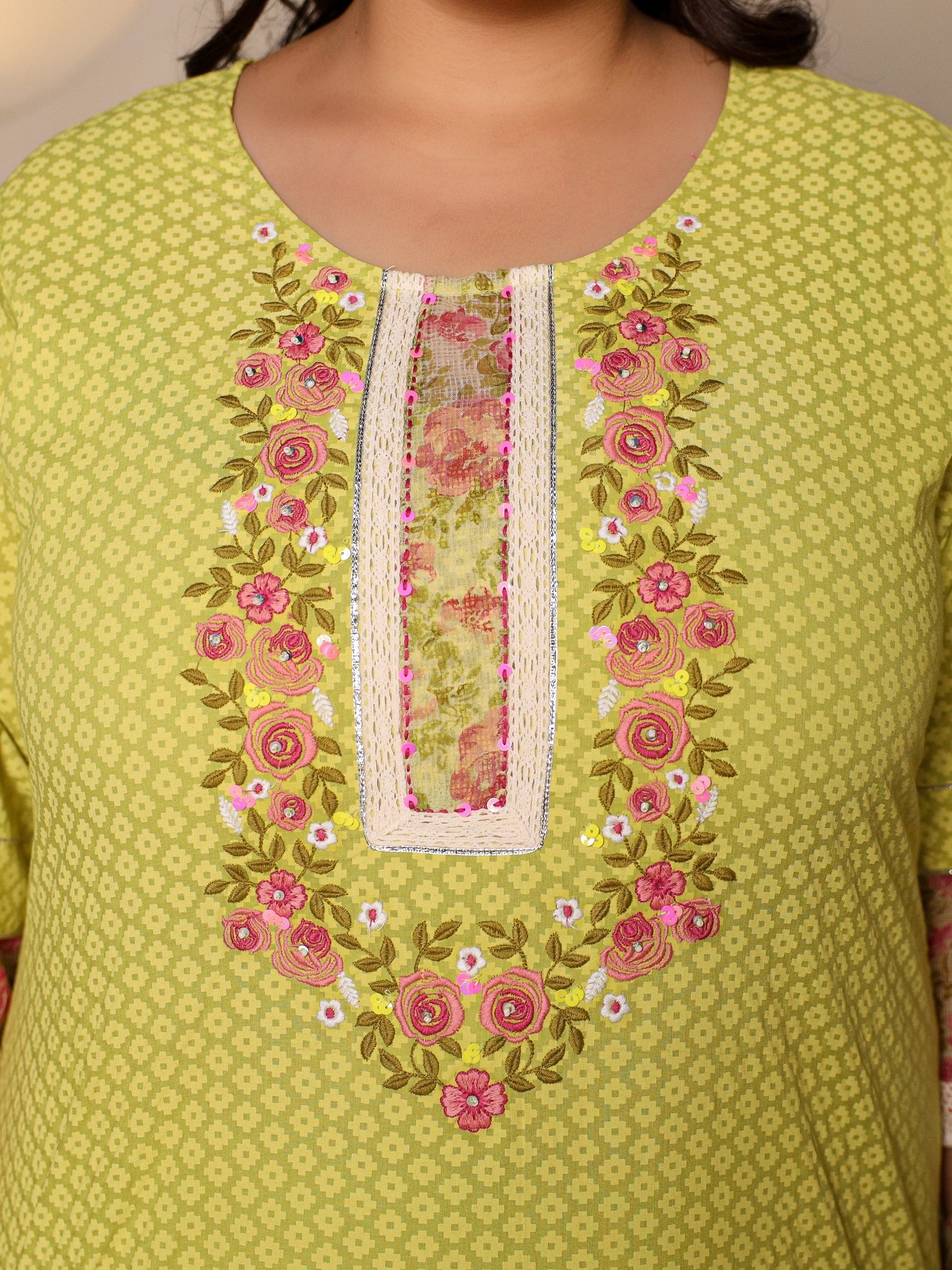 Juniper The Madhuabala Lime Green Floral Printed & Laced Pure Cotton Plus Size Kurta Palazzo & Dupatta Set With Printed Kota Doria Dupatta