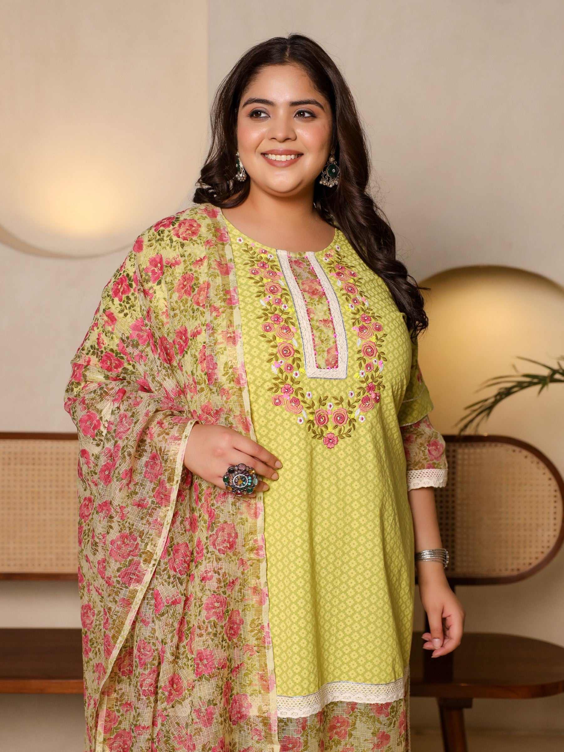 Juniper The Madhuabala Lime Green Floral Printed & Laced Pure Cotton Plus Size Kurta Palazzo & Dupatta Set With Printed Kota Doria Dupatta