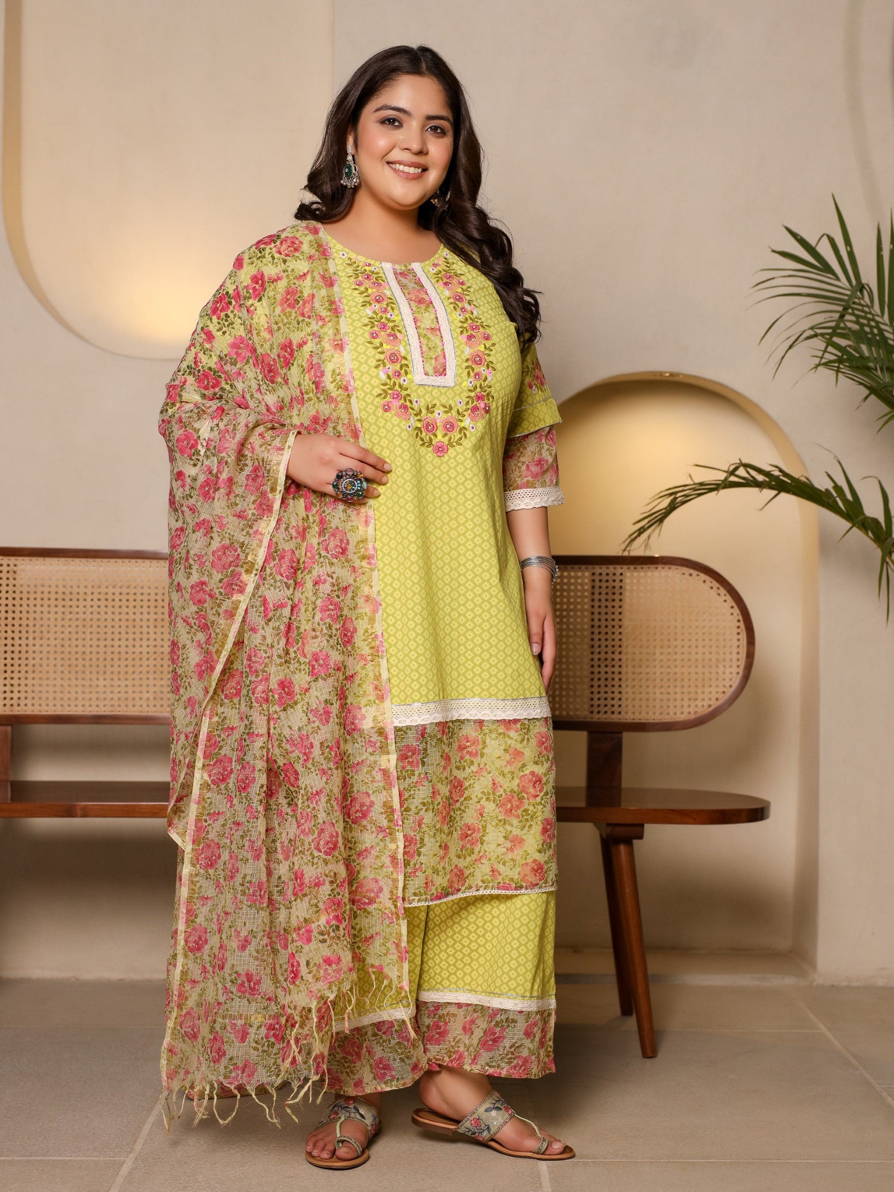Juniper The Madhuabala Lime Green Floral Printed & Laced Pure Cotton Plus Size Kurta Palazzo & Dupatta Set With Printed Kota Doria Dupatta