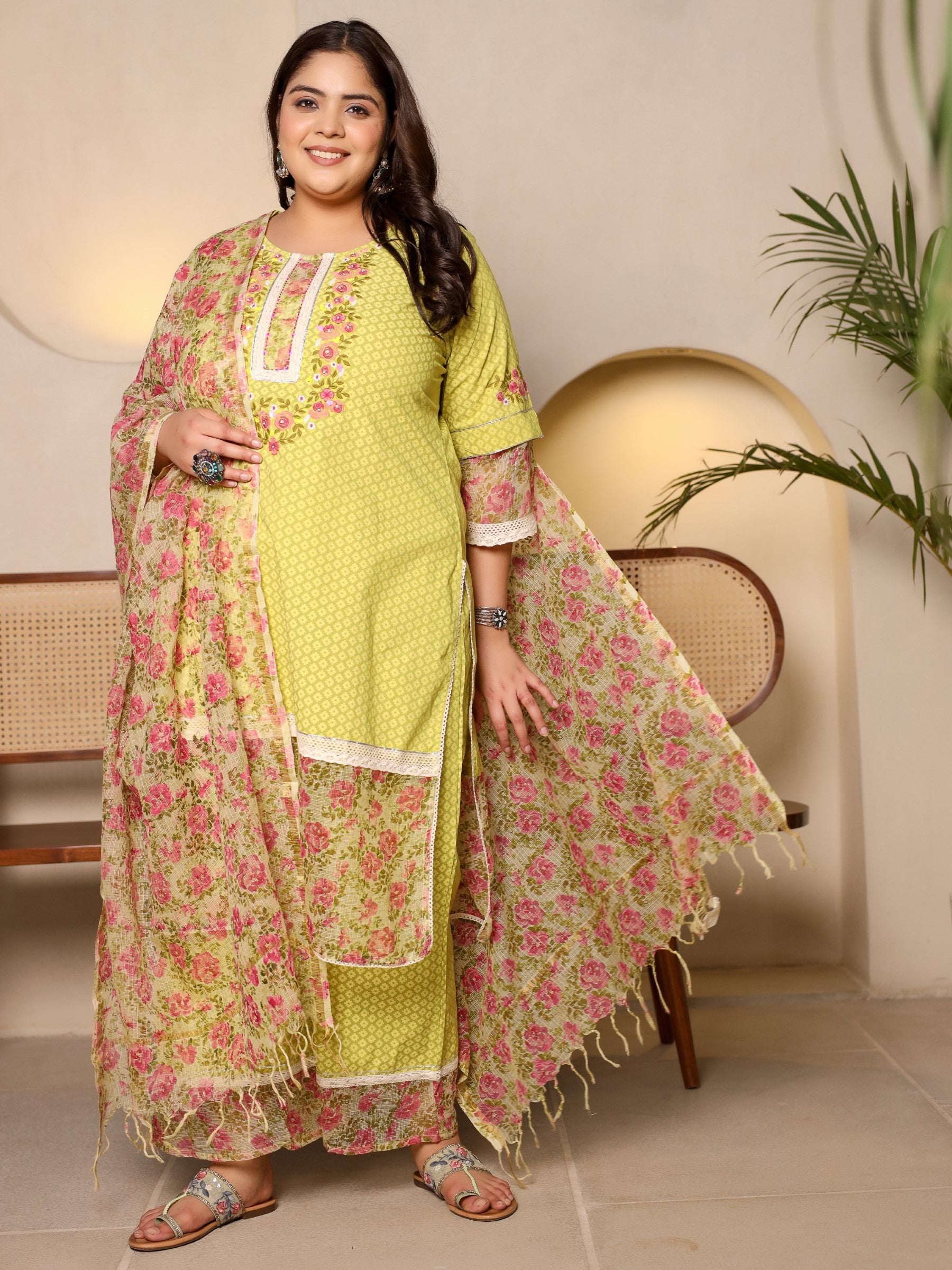 Juniper The Madhuabala Lime Green Floral Printed & Laced Pure Cotton Plus Size Kurta Palazzo & Dupatta Set With Printed Kota Doria Dupatta