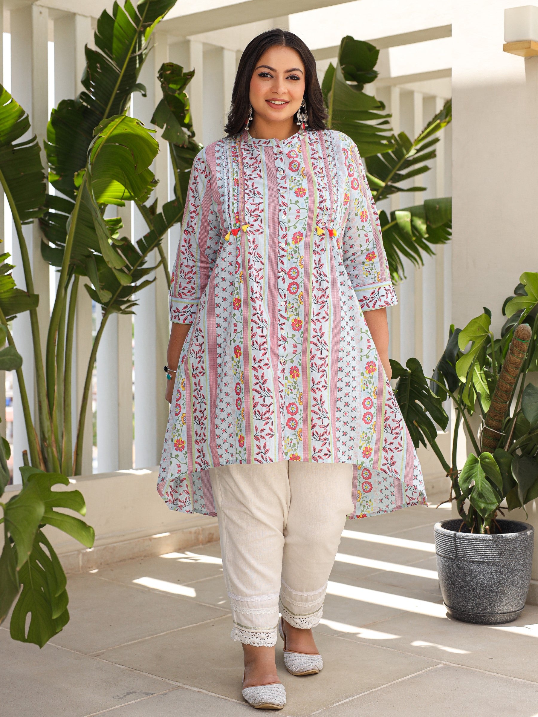 Sky Blue Floral Printed Cotton Cambric High-Low Plus Size Kurta With Sequins & Pintucks At Front