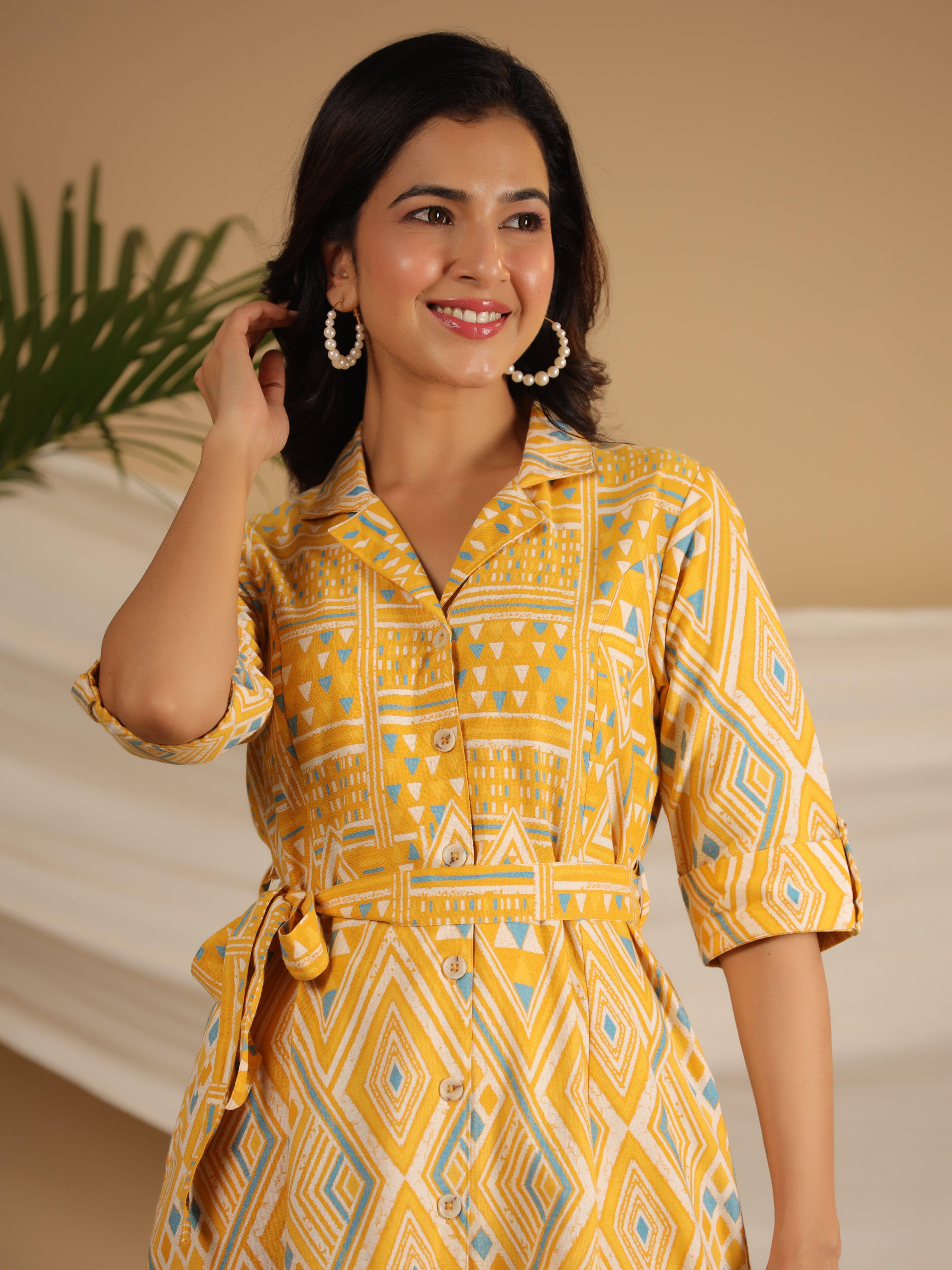 Juniper Mustard Geometric Printed Cotton Flex Shirt Style Dress With Belt