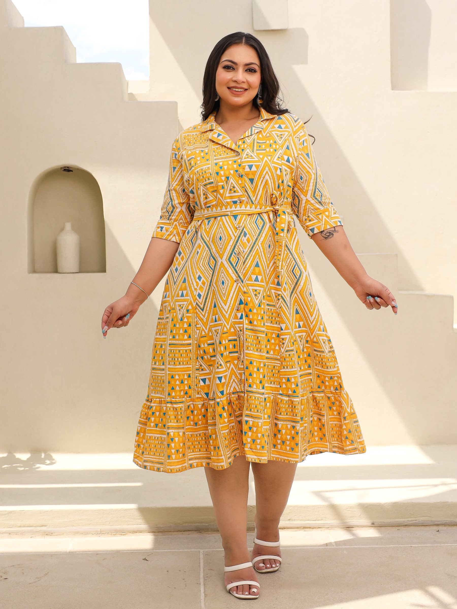 Mustard Geometric Printed & Panelled Cotton Flex Plus Size Shirt Dress With Fabric Belt