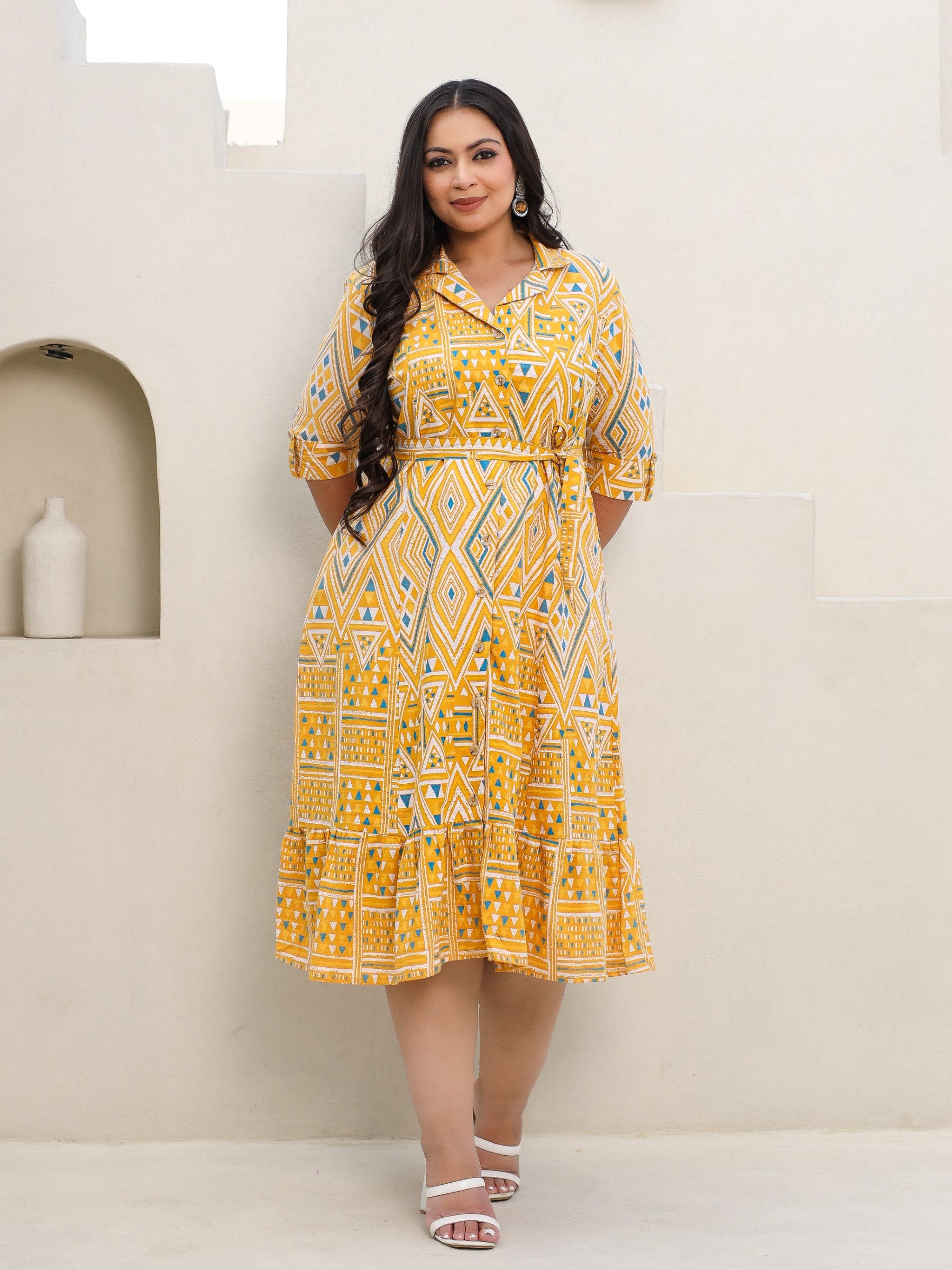 Mustard Geometric Printed & Panelled Cotton Flex Plus Size Shirt Dress With Fabric Belt