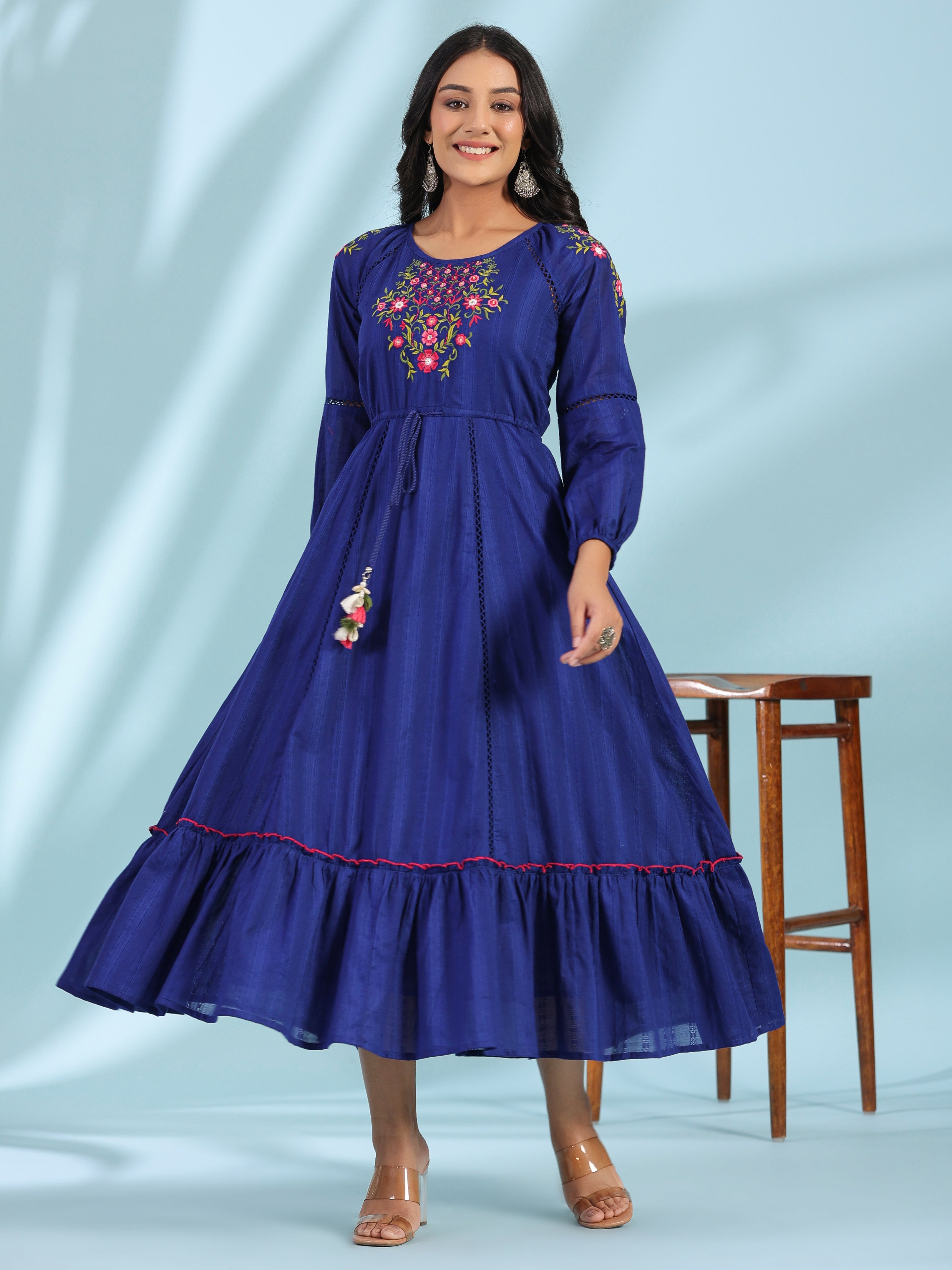 Juniper Indigo Floral Embroidered Cotton Dobby Tiered Maxi Dress With Kaudis & Colourful Tassels