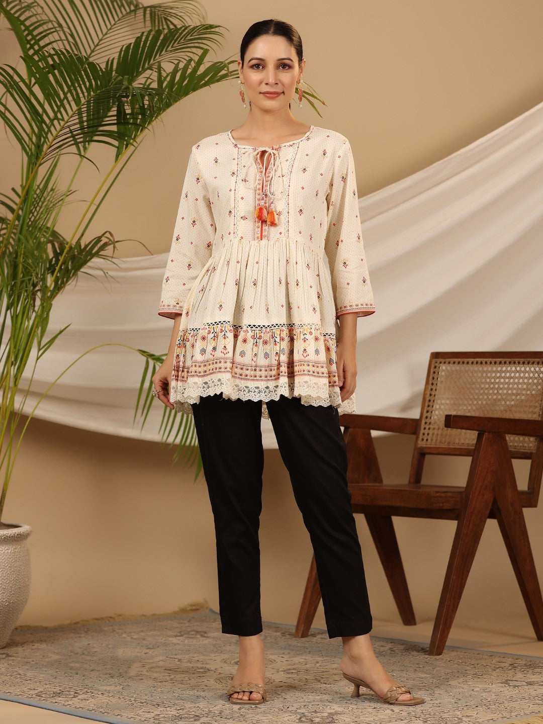 Juniper Women Ivory LIVA Rayon Printed Peplum Tunic