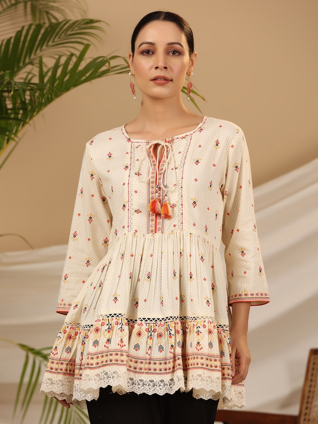 Juniper Women Ivory LIVA Rayon Printed Peplum Tunic