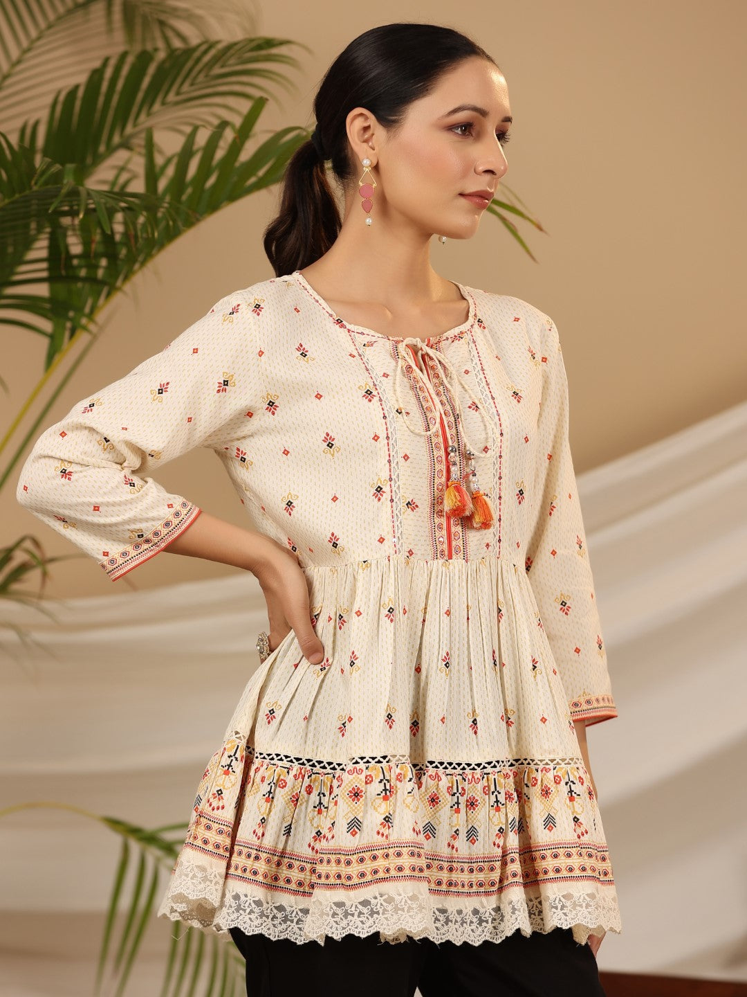 Juniper Women Ivory LIVA Rayon Printed Peplum Tunic