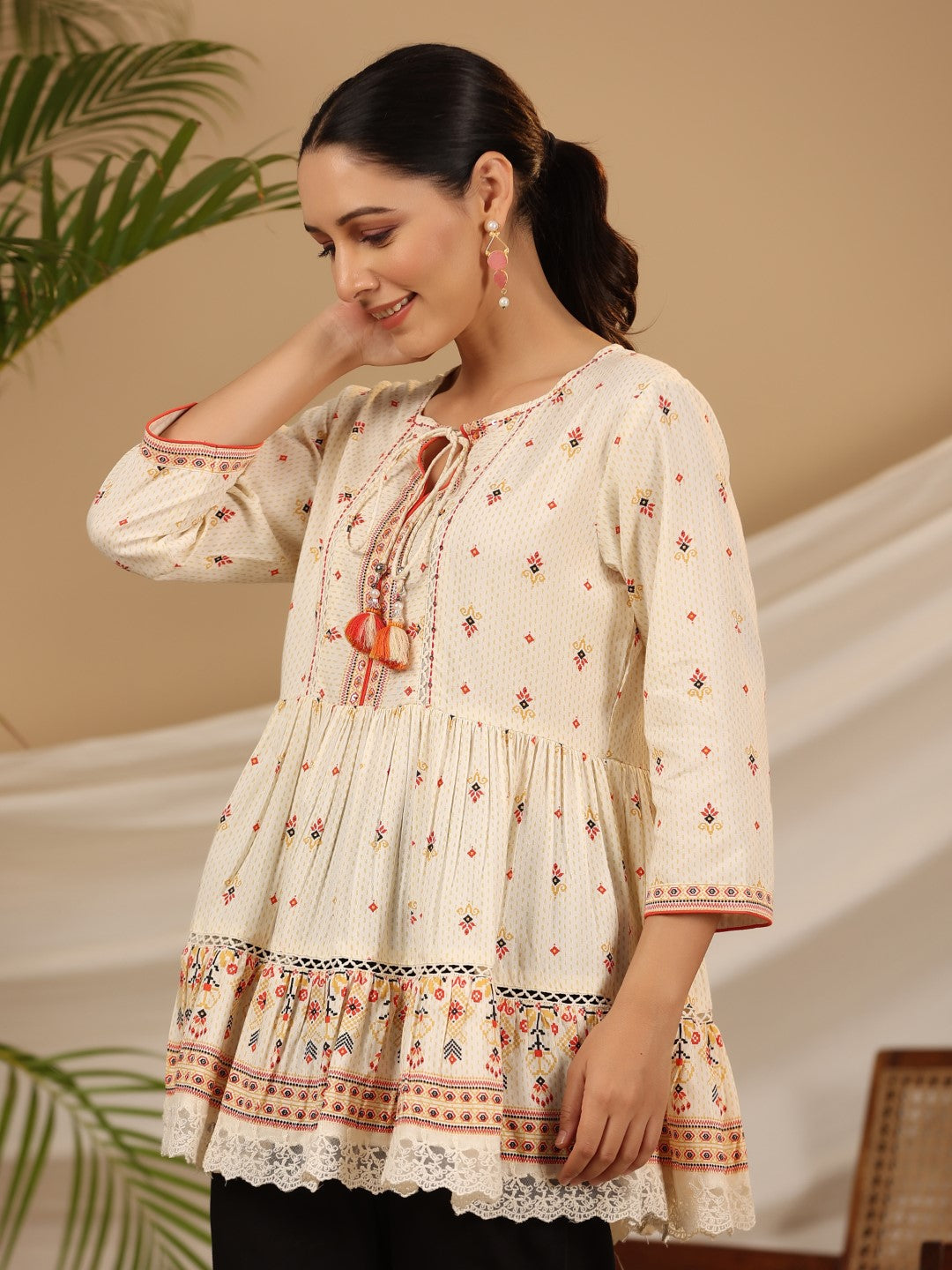 Juniper Women Ivory LIVA Rayon Printed Peplum Tunic