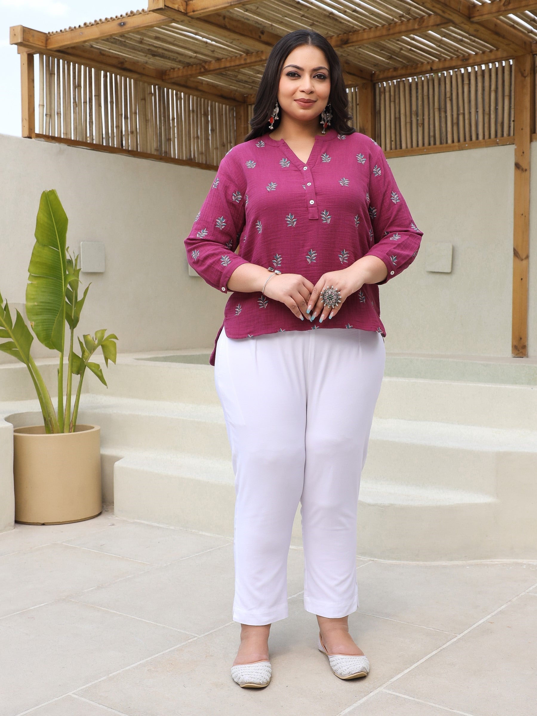 Juniper Wine Women Floral Embroidered High-Low Cotton Plus Size Tunic With Half Placket