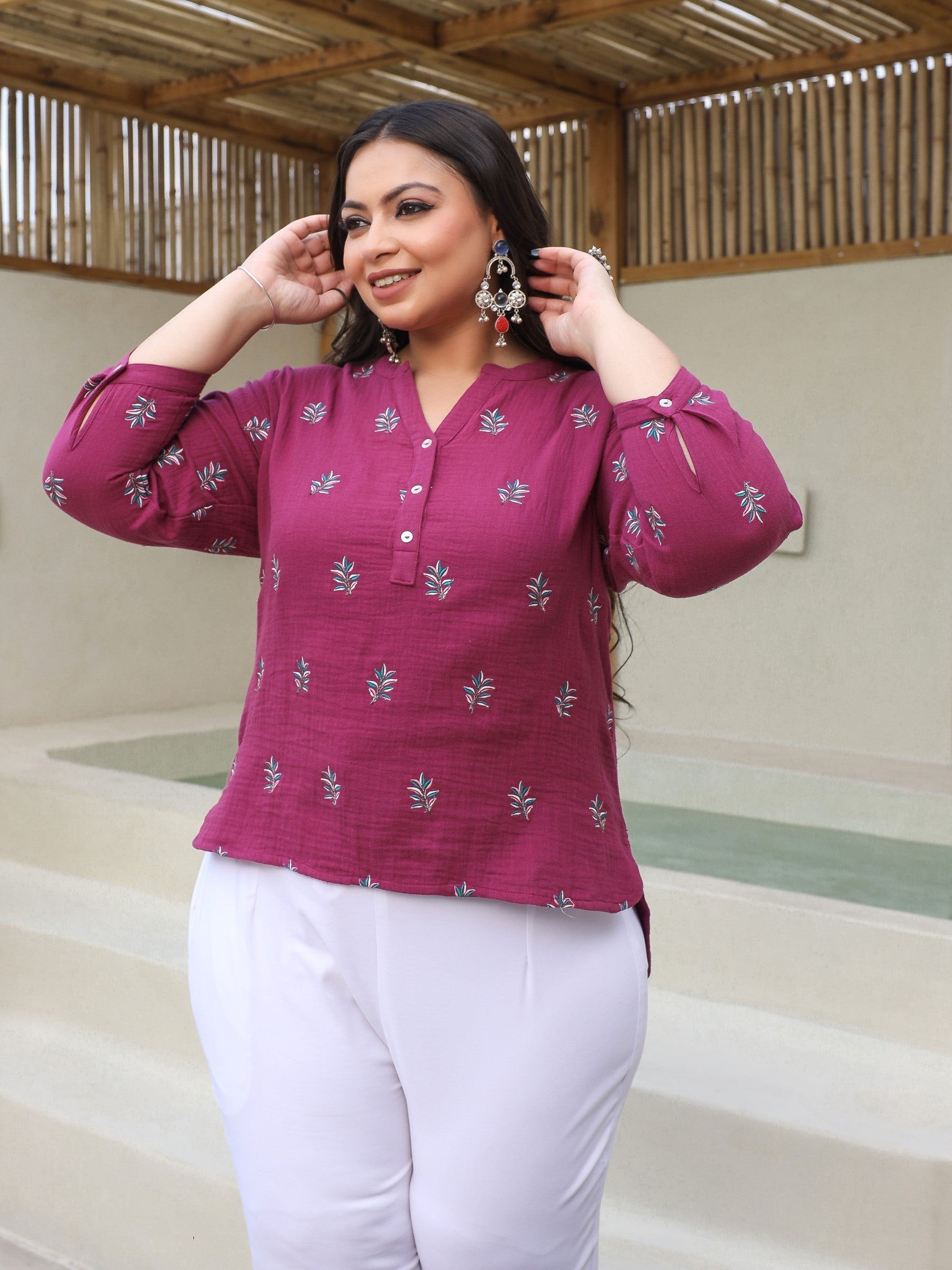 Juniper Wine Women Floral Embroidered High-Low Cotton Plus Size Tunic With Half Placket