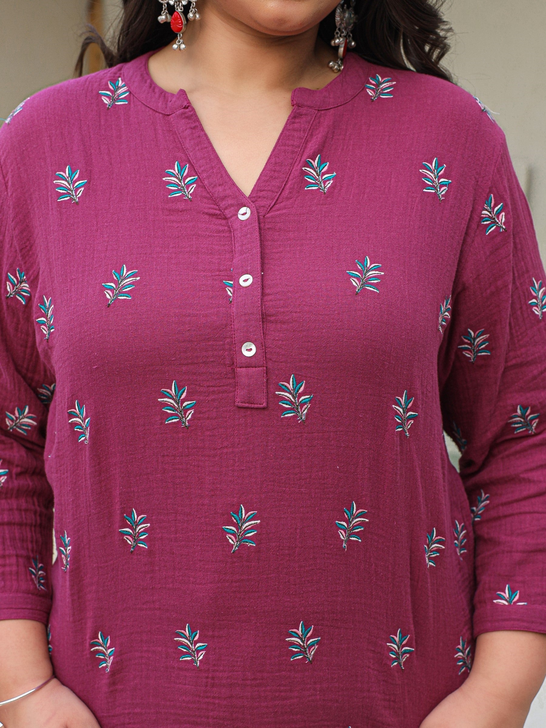 Juniper Wine Women Floral Embroidered High-Low Cotton Plus Size Tunic With Half Placket