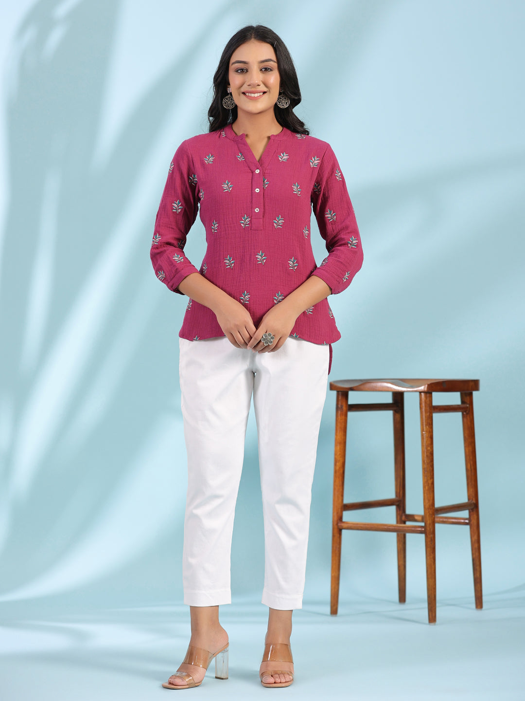 Juniper Wine Women Floral Embroidered High-Low Cotton Tunic With Half Placket